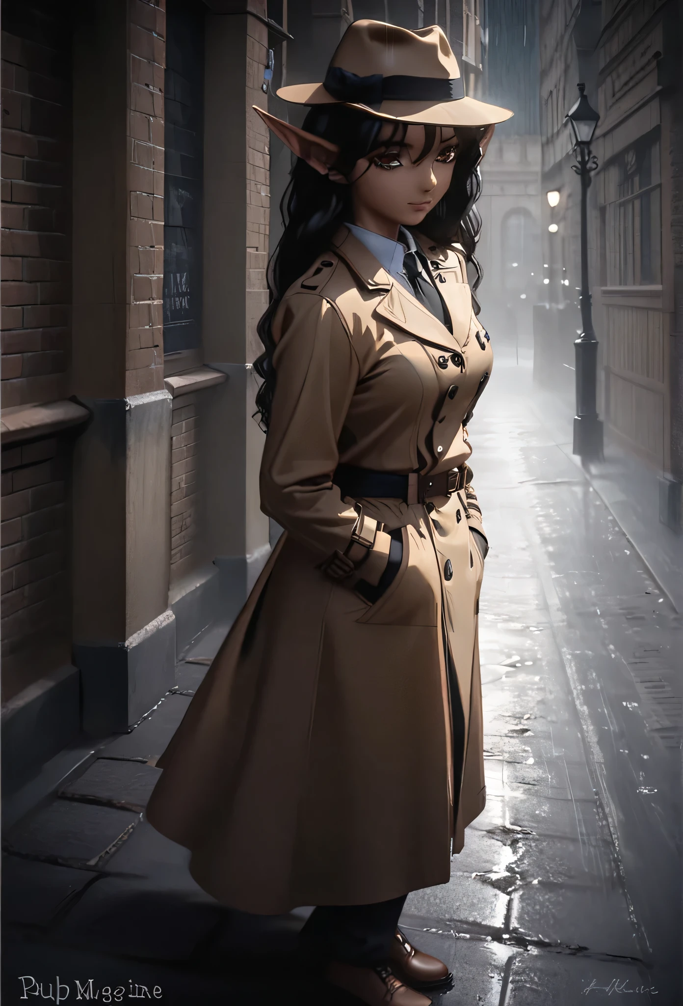 detailed illustration (side view),dynamic angle,ultra-detailed, illustration, pose for the camera, smiling at viewer, clean line art, shading, anime, 2020’s anime style, detailed eyes, detailed face, beautiful face standing on a sidewalk,

Noir Detective, trench coat, fedora hat, radio drama, pulp magazine character, long trench coat, hat, fedora hat, brown coat and matching hat, dark band on hat, 1940’s, ,Noir, beautiful woman, in a open trench coat, night, rain, brown shoulder length hair, brown eyes, hard boiled, female fatale vibes, noir, deep in thought, detective, plup magazine detective, noir vibe

Urban fantasy setting, dark elf, poited ears, elf, dark skin, tan skin,