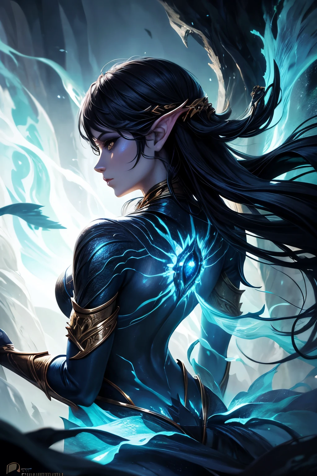 Elemental woman, beautiful, makeup, chiaroscuro, depth of field, textured skin, high quality, magic effects, from behind, fantasy cenary,