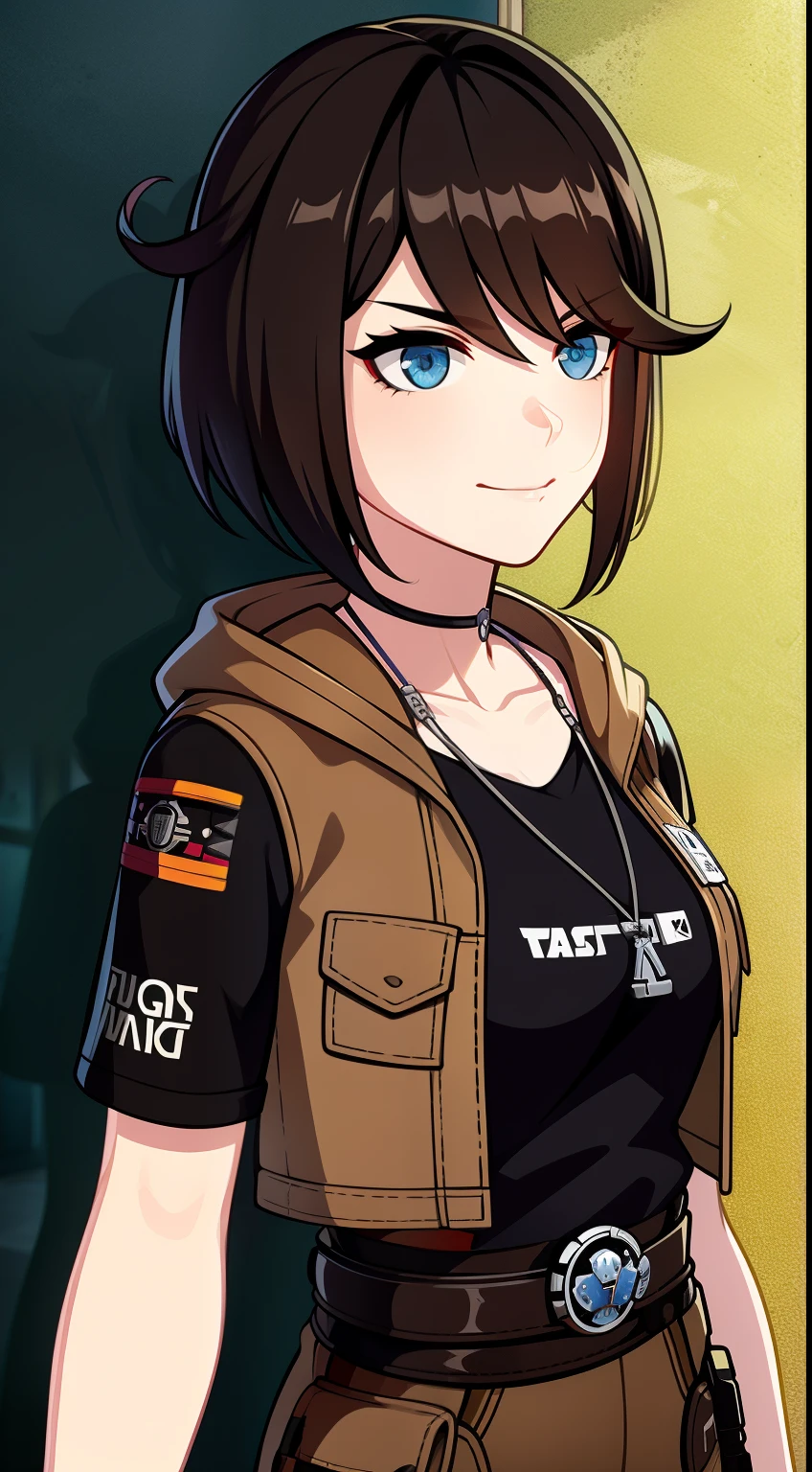 (high-quality, breathtaking),(expressive eyes, perfect face) Symmetrical Eyes, portrait, Star Wars Universe, 1girl, female, adult, mechanic, punk jacket, shirt, short sleeved, gloves, pants, belt, wrench, crystals on belt, messy hair, black hair color, brown eye color, short hair length, stylized hairstyle, pixie haircut, tall, technician outfit, engineer, workshop background, work bench, tools, mature, narrow eyes, dog tag necklaces, slight smirk
