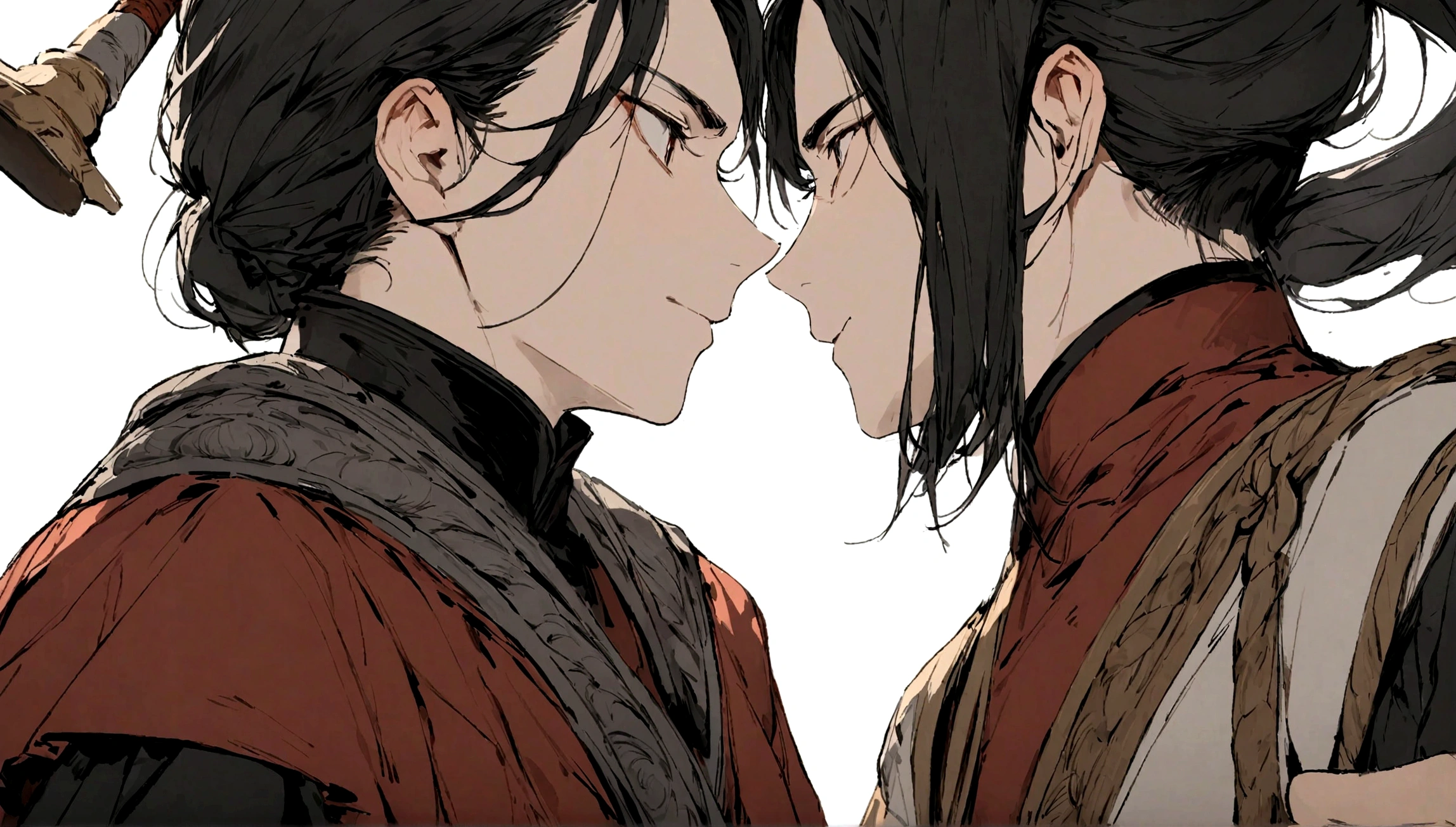 A young ancient Chinese general and an ancient Mongol general fighting face to face, facing each other, wielding a spear, two shots, 32K, Best quality, Masterpiece, super detail, High Details,