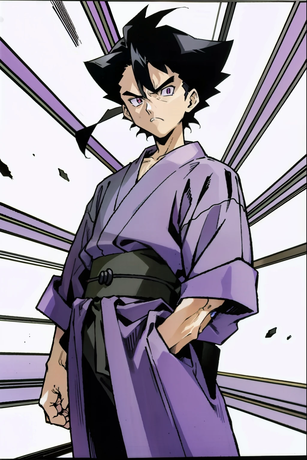 by Ken Sugimori, sugimori 1990s, ((only 1man)), purple kimono, serious expression ((hands behind their back)), full black pupils, manga, best quality, highly detailed, clean lines, cowboy shot, good hands, good eyes, hd, 8k, professional, symmetrical, hires, 8k,