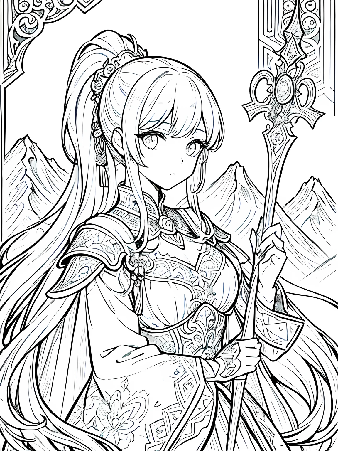 masterpiece,monochrome,Lineart,no shading,single color,coloring book for children,Create a detailed coloring page of a beautiful fantasy girl with ponytail hairstyle. She is dressed in ornate knight armor and holding a large, elegant sword. Her armor should have intricate designs, such as engravings or patterns, and she should have a determined and courageous expression. Include a fantasy background with elements like castles, mountains, or mystical forests to enhance the scene