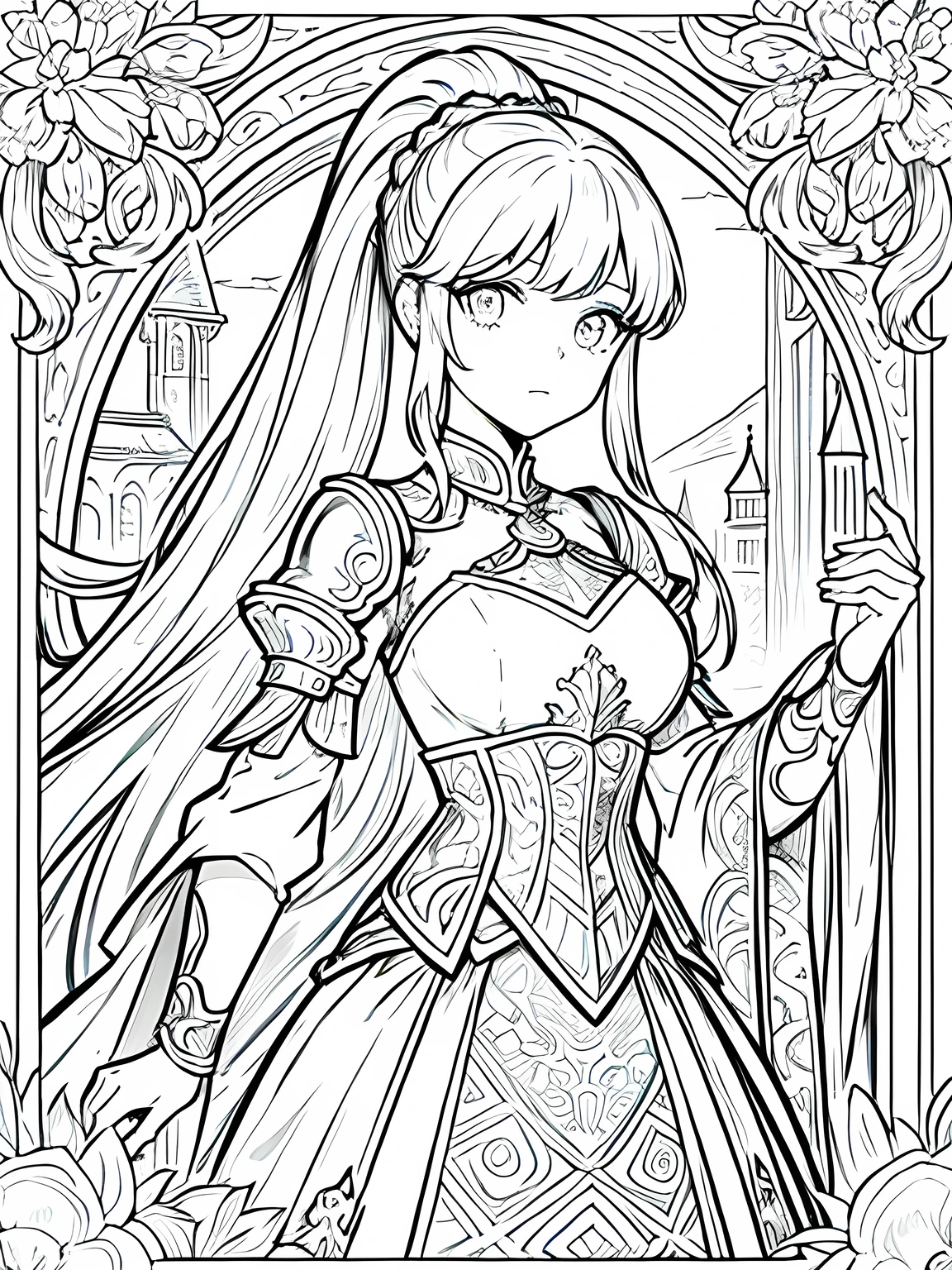 masterpiece,monochrome,Lineart,no shading,single color,coloring book for children,Create a detailed coloring page of a beautiful fantasy girl with ponytail hairstyle. She is dressed in ornate knight armor and holding a large, elegant sword. Her armor should have intricate designs, such as engravings or patterns, and she should have a determined and courageous expression. Include a fantasy background with elements like castles, mountains, or mystical forests to enhance the scene