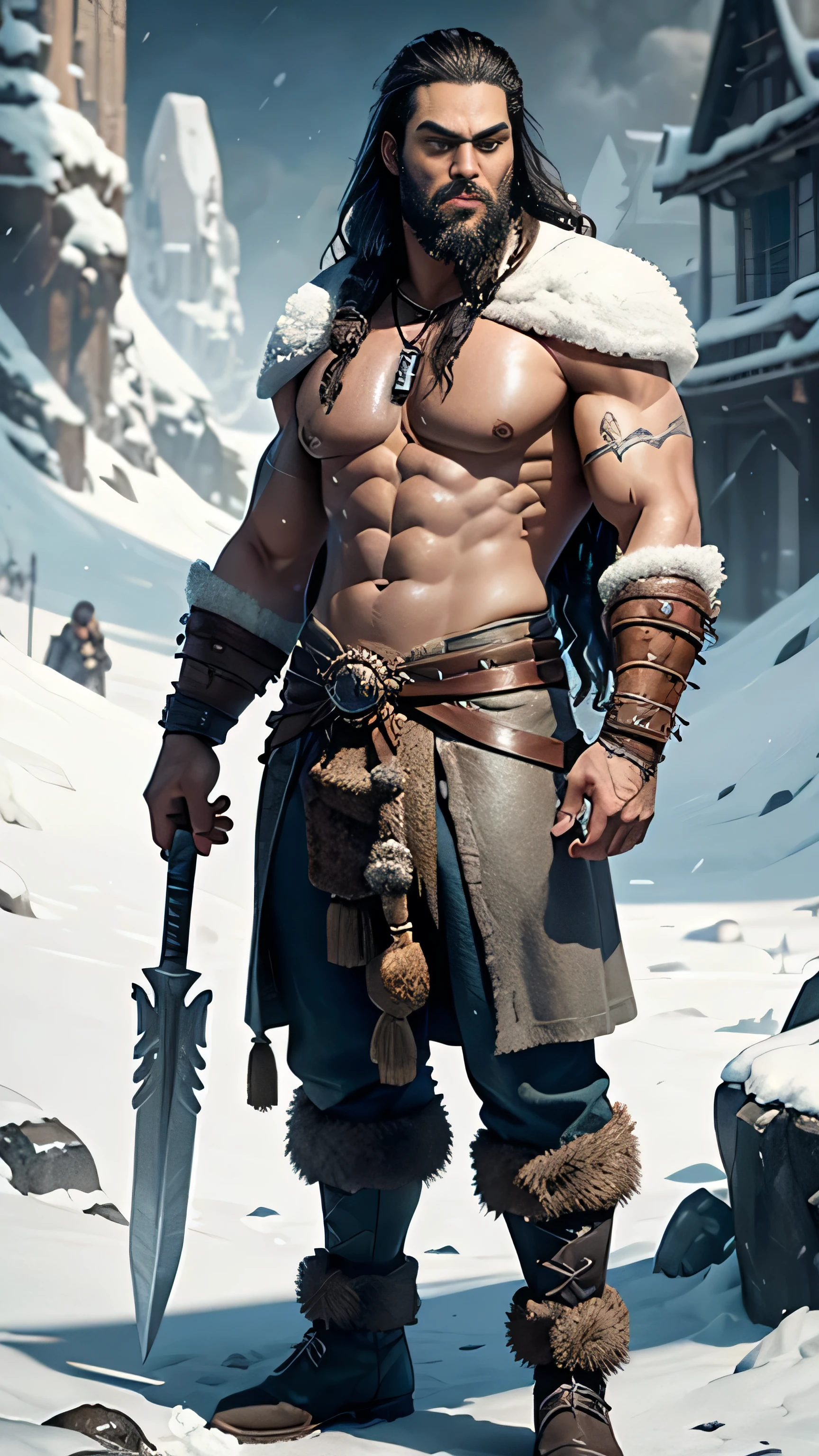 frostpunk, ((Jason Momoa)) as Drogo, an east barbarian, long braid, long beard, naked torso, warm fur pants, warm boots, standing, in a medival city, cold, winter, snow, (1man), (solo), (full body view), beautiful detailed glow, detailed, cinematic light, intricate detail, realistic, highres, detailed facial features, high detail, sharp focus, smooth, aesthetic, extremely detailed, stamp, octane render