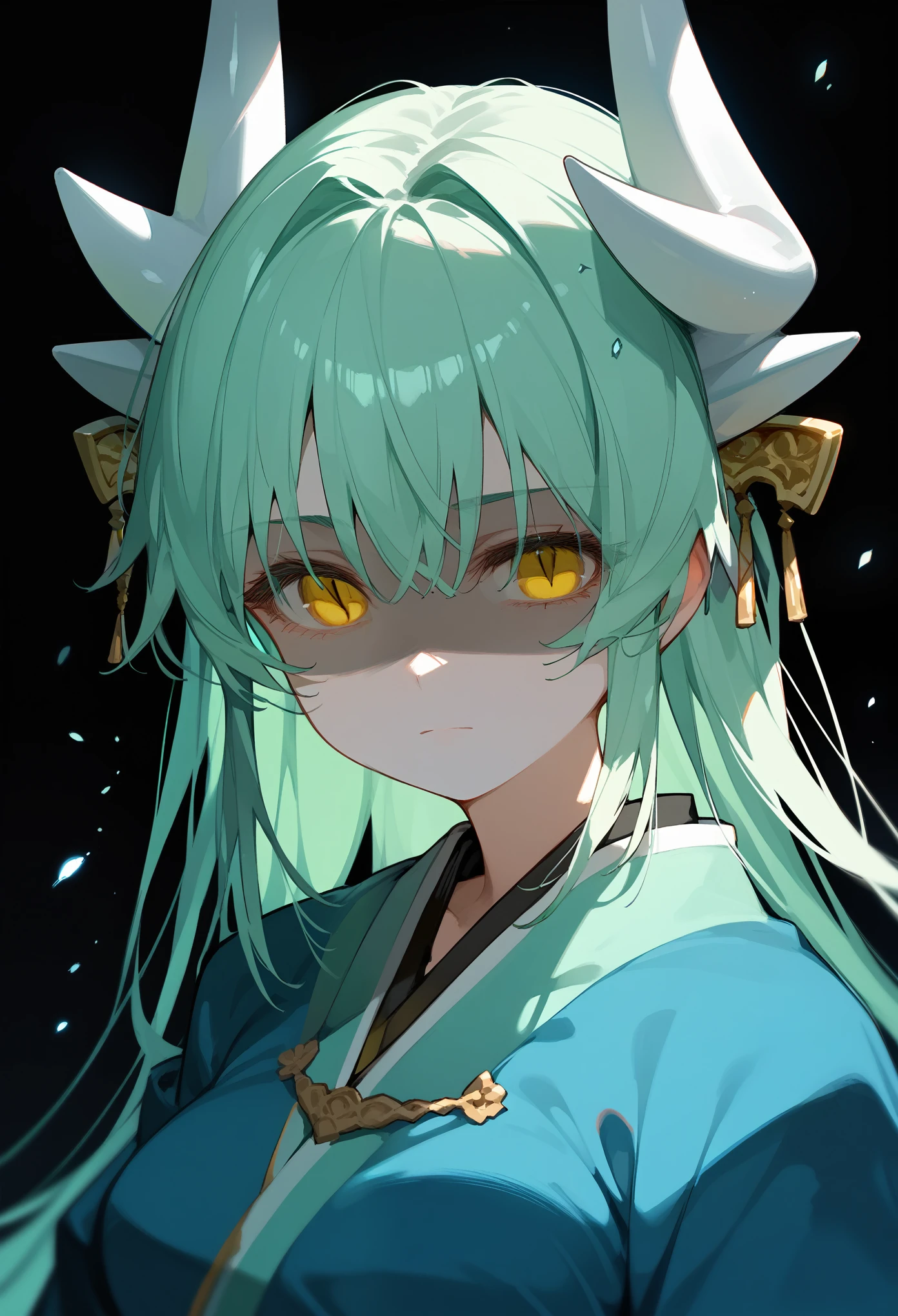 (score_9, score_8_up, score_7_up), face close-up, portrait, 1girl, kiyober1st, green hair, long hair, yellow eyes, slit pupils, horns, white horns, medium breasts, hair ornament, blue kimono, wide sleeves, standing, looking at viewer, neutral, shaded face, black background, simple background,