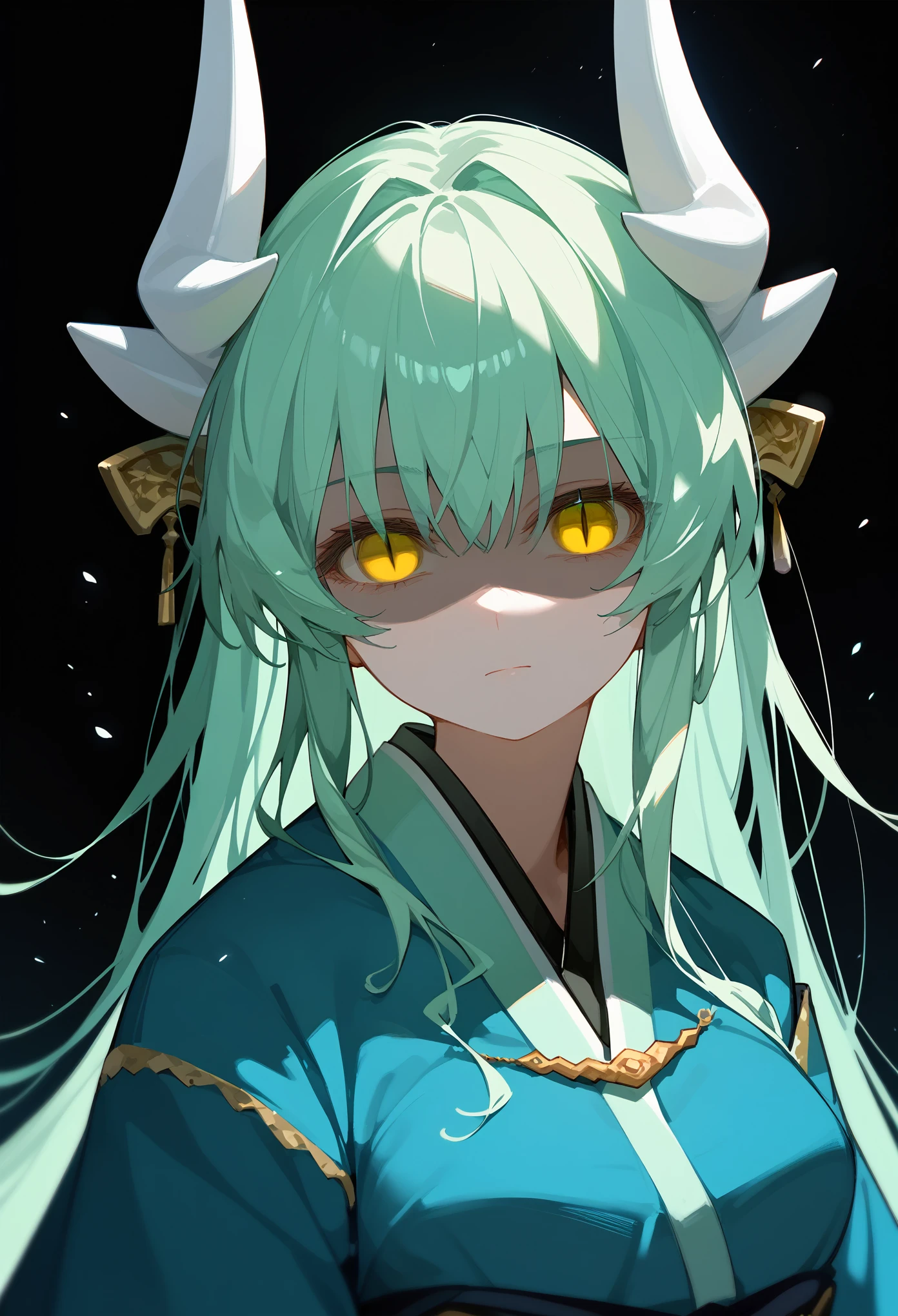 (score_9, score_8_up, score_7_up), face close-up, portrait, 1girl, kiyober1st, green hair, long hair, yellow eyes, slit pupils, horns, white horns, medium breasts, hair ornament, blue kimono, wide sleeves, standing, looking at viewer, neutral, shaded face, black background, simple background,