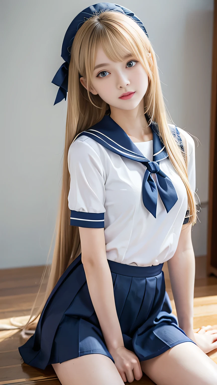 Sexy and the most beautiful face in the world、so beautiful、very long, Silky, Golden, Shiny blonde hair、Shiny, Silky straight hair、Super long bangs swaying in front of your eyes, Cute old girl、Pale light blue eyes、Pure white skin、Glowing Skin、ponytail、Beautiful girl with a small face、Put your hair up、(thin, Wet), Cute Sailor Suit, Short-sleeved sailor uniform, Navy Blue Skirt,
