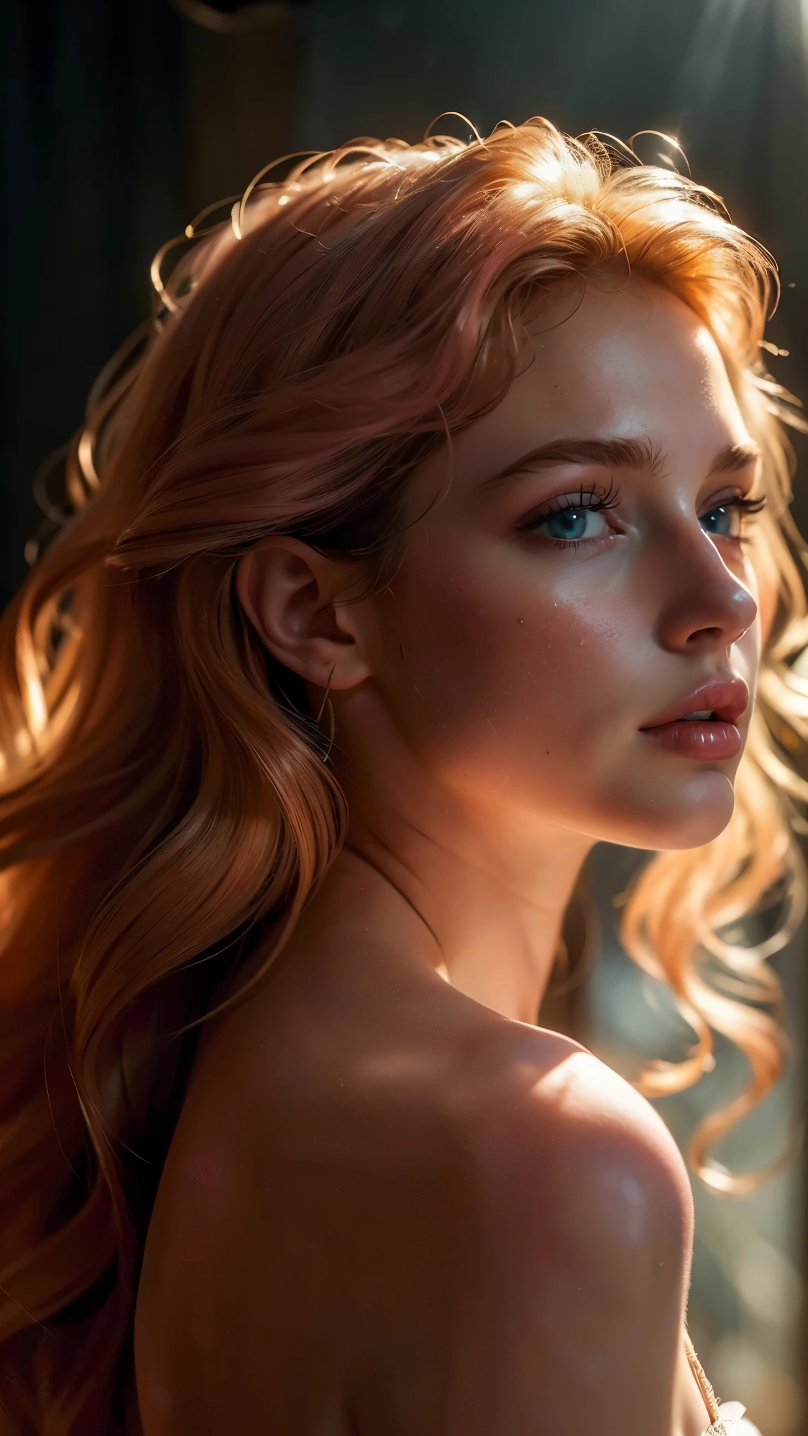 (((ultra realistic))) Photo, masterpiece, top quality, (pale skin), (Ultra detailed face and eyes:1.3), 1 girl, Adult, In Lifchik, ((Eye makeup, pink mascara)), ((large detailed lips)), ((pink wavy hair)), ((Chyolka)) , (Natural breasts), Slim waist. ((Posing)), photoshoot, studio (contour lighting), (The play of light and shadows), depth of field, bokeh, (special attention to skin detail: 1.2), Detailed leather texture, skin pores. (Light atmosphere of the frame. Color range - delicate, Bright, Yellow tones), UDR, ((Film grain)), ((rays)), (Glare), ((Photo from the back)) , ultra detialed,