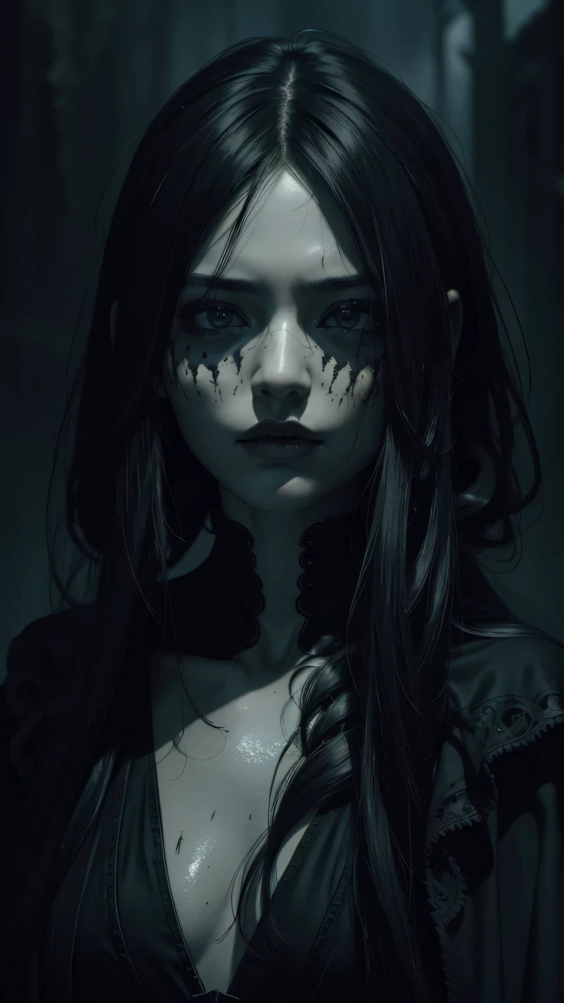 A hauntingly beautiful skeletal girl stands alone in a desolate, surreal world, shrouded in a dark and ominous atmosphere. The flowing crimson-black slime that decorates the landscape adds to the eerie, haunting vibe of the scene. The girl's detailed face, with its intricate bone structure, holds an expression that is both tragic and mesmerizing. Cinematic lighting accentuates her features, casting dramatic shadows that dance across her skull-like visage. The muted color palette of the scene, with its predominantly gray and black tones, adds to the surreal, gothic feel of the piece. This intricate and highly detailed masterpiece