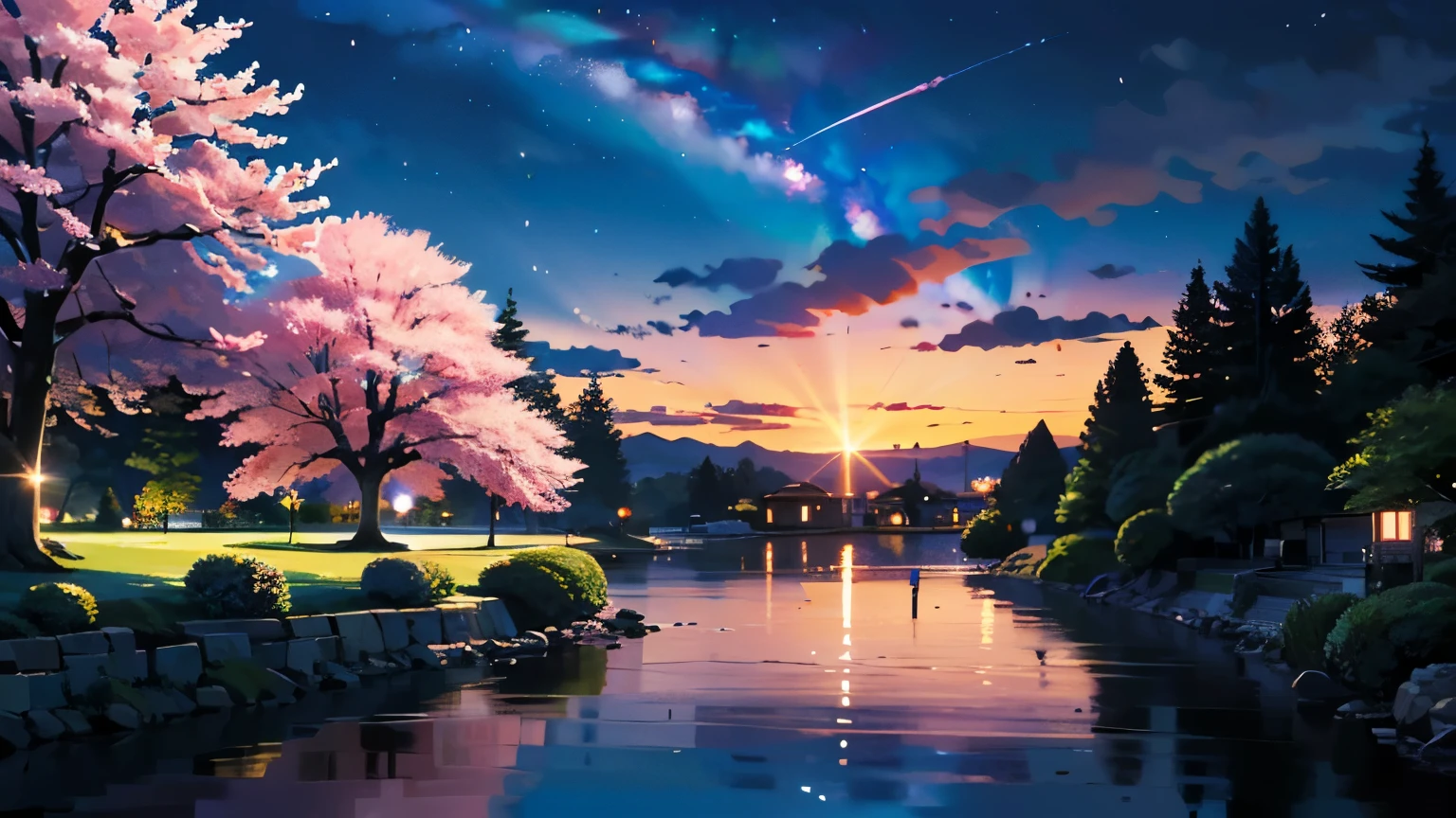(masterpiece),(highest quality)、Night Sky、A town with many cherry blossom trees、landscape