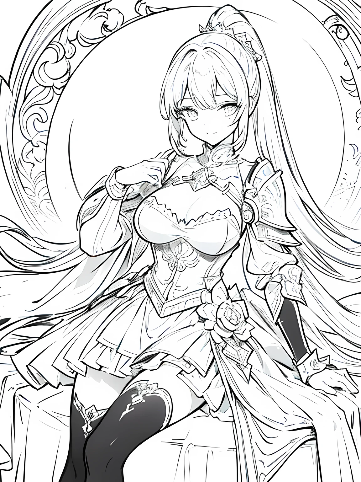 masterpiece,monochrome,Lineart,no shading,single color,Create a detailed coloring page of a beautiful fantasy girl with ponytail hairstyle. She is dressed in ornate knight armor and holding a large, elegant sword.She is wearing a sexy suit of armor.She is smiling.She is wearing a miniskirt.