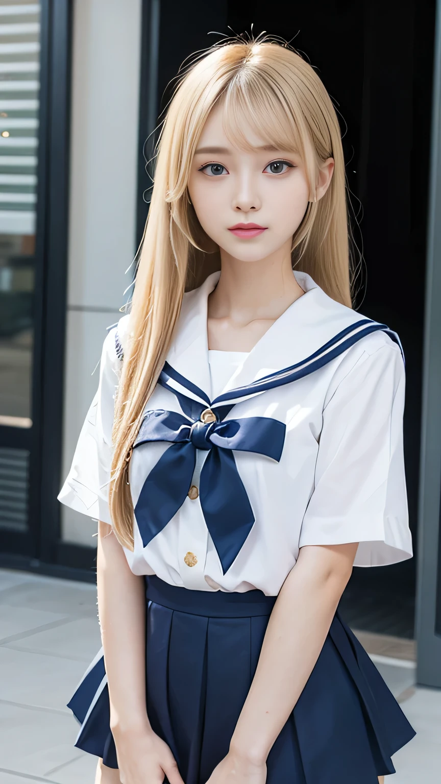 Sexy and the most beautiful face in the world、so beautiful、very long, Silky, Golden, Shiny blonde hair、Shiny, Silky straight hair、Super long bangs swaying in front of your eyes, Cute  girl、Pale light blue eyes、Pure white skin、Glowing Skin、ponytail、Beautiful girl with a small face、Put your hair up、(thin, Wet),  Cute Sailor Suit, Short-sleeved sailor uniform, Navy Blue Skirt,