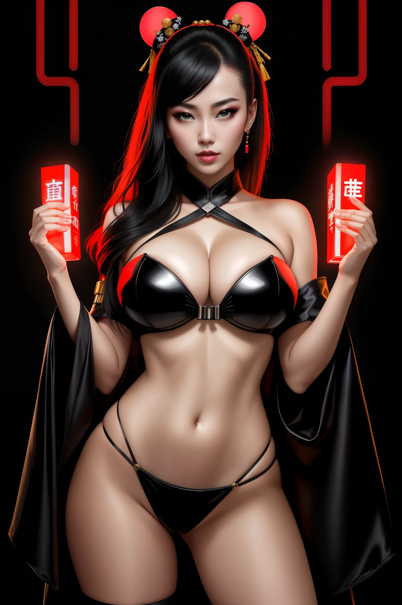 there is a Chinese Geisha woman standing, 3 d neon art of a woman's body, neon-noir background, cyberpunk femme fatale, seductive cyberpunk dark fantasy, cyberpunk strip clubs, cyberpunk 20 y. o model girl, oppai cyberpunk, banner, high definition cgsociety, cgsociety masterpiece, trending on cgstation, kda, random hair, looking at camera, gigantic breasts, cleavage, (high detailed skin:1.2), 8k uhd, dslr, super lighting, high quality, film grain, high res, highly detailed, hyper realistic, beautiful face, beautiful body, beautiful eyes nose lips, alluring expression, very bold,  full body photo, standing legs apart, pale translucent glowing skin, most beautiful face, cute, (dark plain black background:1.4))