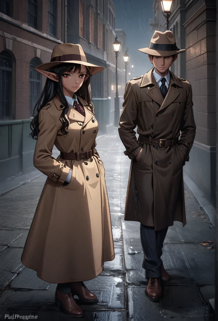 detailed illustration (side view),dynamic angle,ultra-detailed, illustration, pose for the camera, smiling at viewer, clean line art, shading, anime, 2020’s anime style, detailed eyes, detailed face, beautiful face standing on a sidewalk,

Noir Detective, trench coat, fedora hat, radio drama, pulp magazine character, long trench coat, hat, fedora hat, brown coat and matching hat, dark band on hat, 1940’s, ,Noir, beautiful woman, in a open trench coat, night, rain, brown shoulder length hair, brown eyes, hard boiled, female fatale vibes, noir, deep in thought, detective, plup magazine detective, noir vibe

Urban fantasy setting, dark elf, poited ears, elf, dark skin, tan skin,