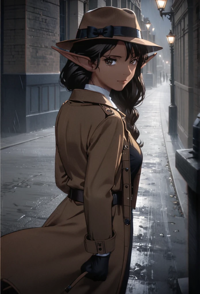 detailed illustration (side view),dynamic angle,ultra-detailed, illustration, pose for the camera, smiling at viewer, clean line art, shading, anime, 2020’s anime style, detailed eyes, detailed face, beautiful face standing on a sidewalk,

Noir Detective, trench coat, fedora hat, radio drama, pulp magazine character, long trench coat, hat, fedora hat, brown coat and matching hat, dark band on hat, 1940’s, ,Noir, beautiful woman, in a open trench coat, night, rain, brown shoulder length hair, brown eyes, hard boiled, female fatale vibes, noir, deep in thought, detective, plup magazine detective, noir vibe

Urban fantasy setting, dark elf, poited ears, elf, dark skin, tan skin,