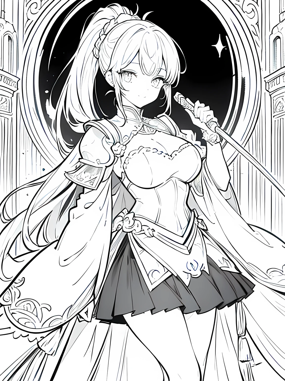 masterpiece,monochrome,Lineart,no shading,single color,Create a detailed coloring page of a beautiful fantasy girl with ponytail hairstyle. She is dressed in ornate knight armor and holding a large, elegant sword.She is wearing a sexy suit of armor.She is smiling.She is wearing a miniskirt.