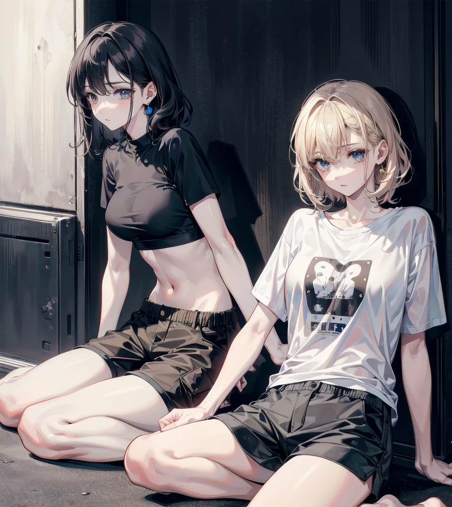 t-shirt, cargo pants, shorts, whole body, absurdres, RAW photo, extremely delicate and beautiful, masterpiece, Best Quality, ultra high resolution, 32k, hyperrealistic, ultra-detailed, detailed description, perfect anatomy, pale skin, 20 years old, detailed beautiful face and eyes, tearful mole, earring, short medium hair, wavy hair, yuri, ((2 girls)),