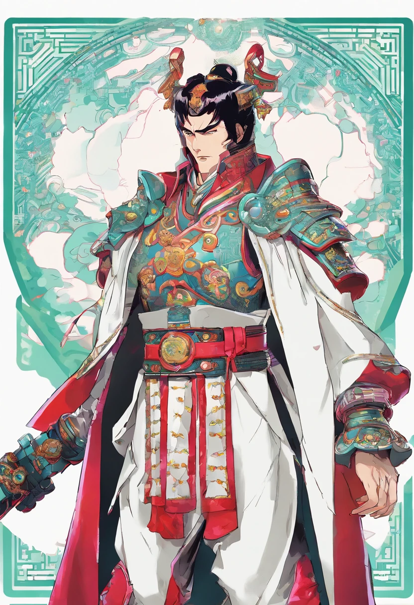 Ancient Chinese man in armor、Clever man、Looking into the camera、His hair is in a bun、Only one topknot、Black Hair、Stand and pose、Pixel art、(masterpiece, highest quality, highest quality), pixel,pixel art,whole body,Characters in Romance of the Three Kingdoms、Transform、Short Deformation、The head is decorated with white embroidery....、Handsome man in trousers
