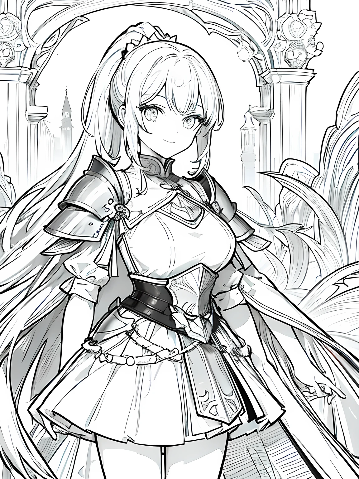 masterpiece,monochrome,Lineart,no shading,single color,Create a detailed coloring page of a beautiful fantasy girl with ponytail hairstyle. She is dressed in ornate knight armor and holding a large, elegant sword.She is wearing a sexy suit of armor.She is smiling,She is wearing a miniskirt,She is a warrior.