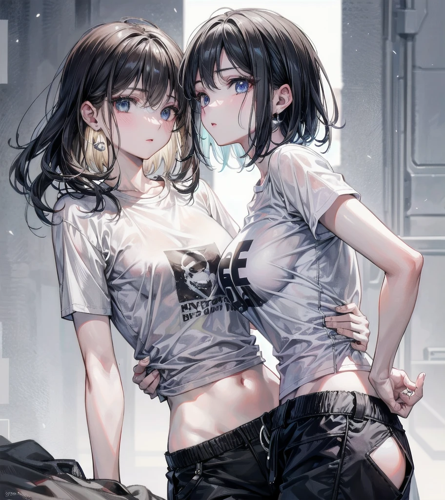 t-shirt, cargo pants, shorts, whole body, absurdres, RAW photo, extremely delicate and beautiful, masterpiece, Best Quality, ultra high resolution, 32k, hyperrealistic, ultra-detailed, detailed description, perfect anatomy, pale skin, 20 years old, detailed beautiful face and eyes, tearful mole, earring, short medium hair, wavy hair, yuri, ((2 girls)),