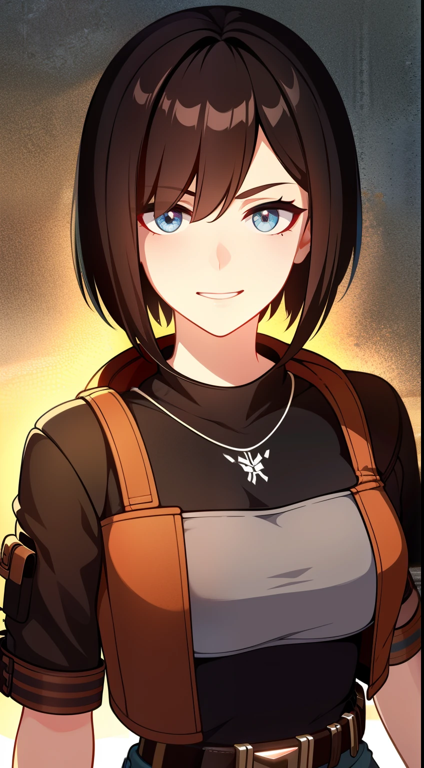 (high-quality, breathtaking),(expressive eyes, perfect face) Symmetrical Eyes, portrait, Star Wars Universe, 1girl, female, adult, mechanic, punk jacket, shirt, short sleeved, gloves, pants, belt, wrench, crystals, messy hair, black hair color, brown eye color, short hair length, stylized hairstyle, pixie haircut, tall, technician outfit, engineer, workshop background, work bench, tools, mature, narrow eyes, dog tag necklaces, slight smirk
