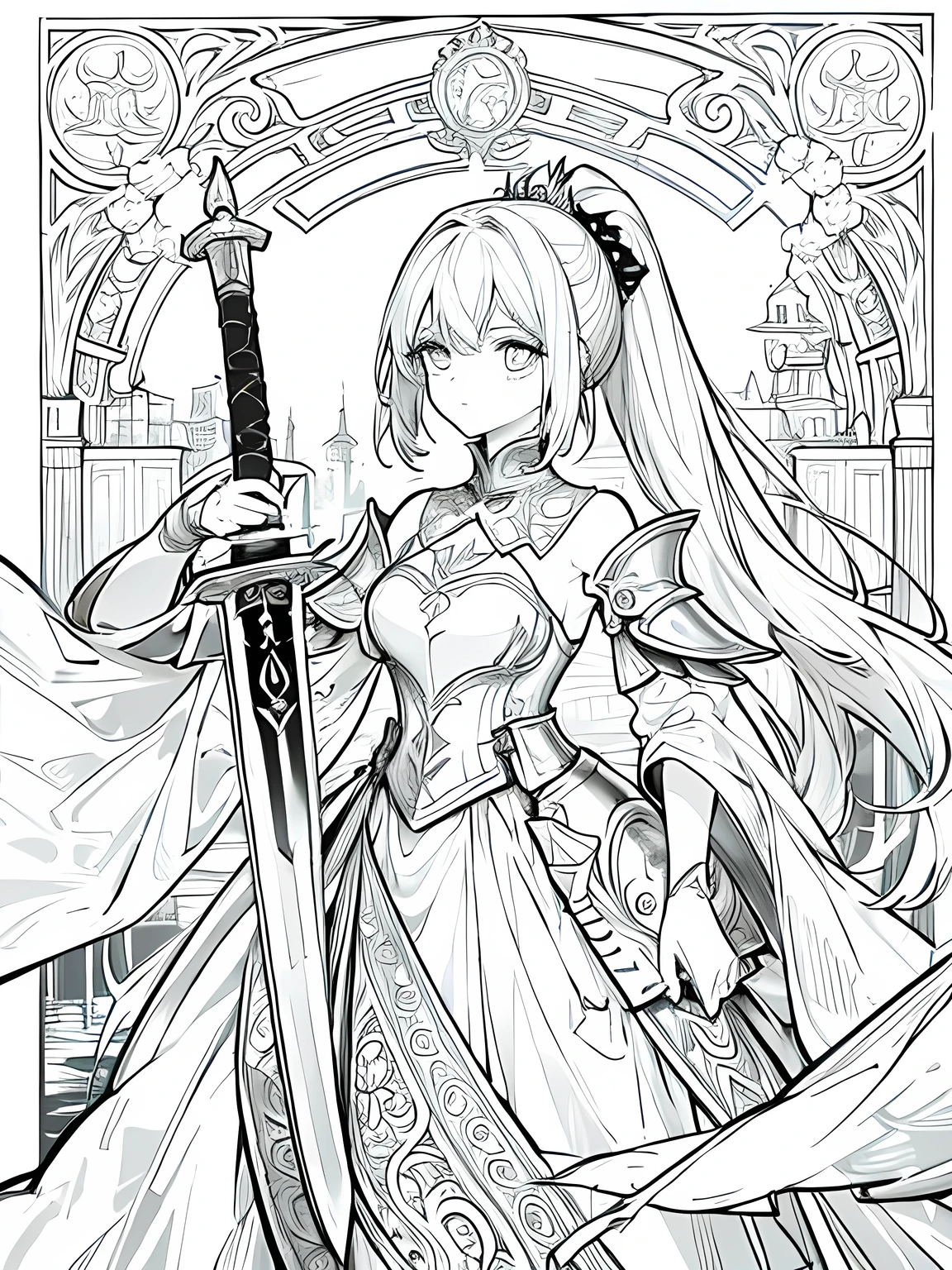 masterpiece,monochrome,Lineart,no shading,single color,coloring book for children,Create a detailed coloring page of a beautiful fantasy girl with ponytail hairstyle. She is dressed in ornate knight armor and holding a large, elegant sword. Her armor should have intricate designs, such as engravings or patterns, and she should have a determined and courageous expression. Include a fantasy background with elements like castles, mountains, or mystical forests to enhance the scene