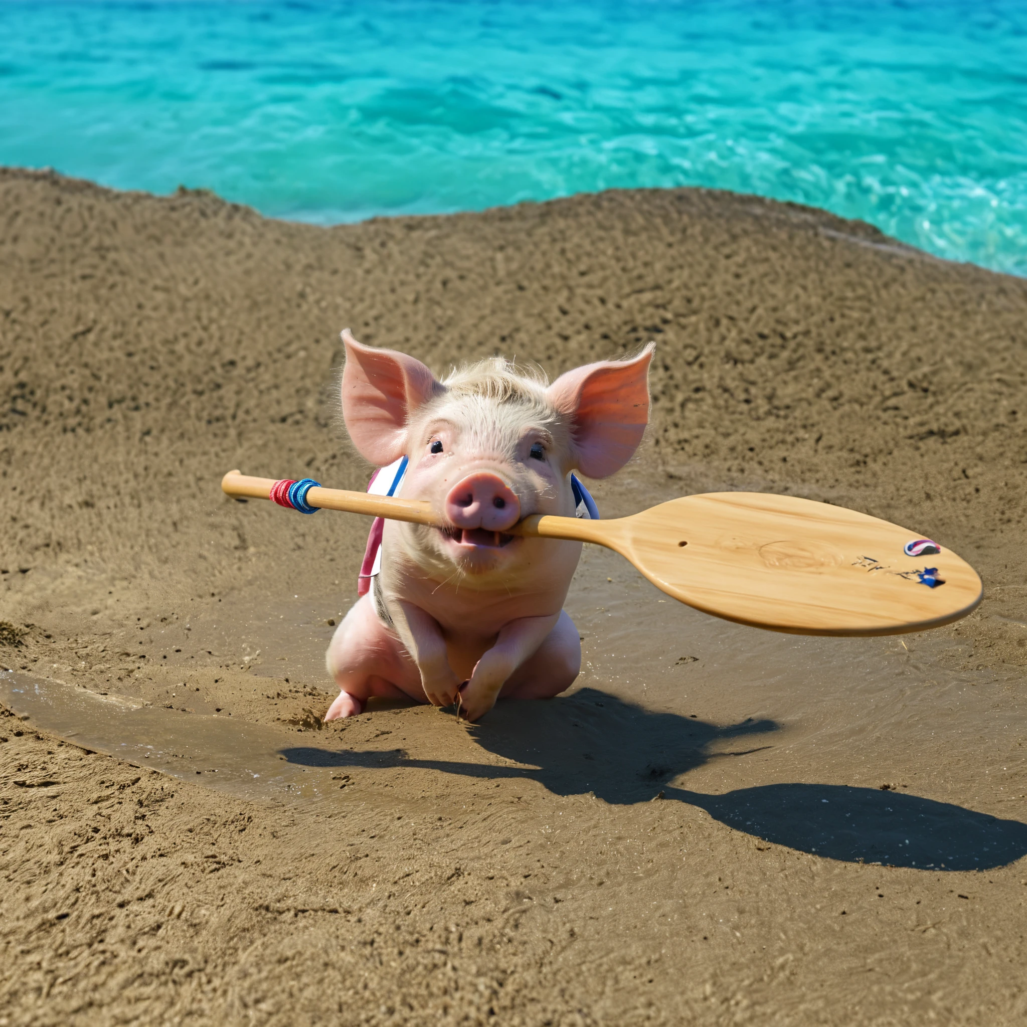 there is a small pig that is holding a paddle in its mouth, moana, piglet, high quality movie still, (masutepiece:1.3), (8K, Photorealistic, Raw photo, Best Quality:1.4), Sharp Focus:1.2