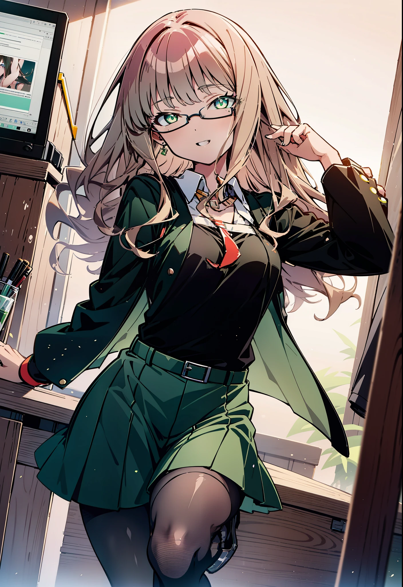 minami yume ,sss Dynazenon ,Long Hair, Brown Hair, (Green Eyes:1.5) ,Center of chest,hair band,happy smile, smile, Open your mouth, Black-rimmed glasses, Black dress,Short sleeve,Black long skirt,Stiletto heels,Walking,Daytime,Clear skies,whole bodyがイラストに入るように,There is a computer on the table,
break looking at viewer, whole body(Cowboy Shot:1. 5)
break indoors, office,
break (masterpiece:1.2), highest quality, High resolution, unity 8k wallpaper, (shape:0.8), (Beautiful and beautiful eyes:1.6), Highly detailed face, Perfect lighting, Highly detailed CG, (Perfect hands, Perfect Anatomy),