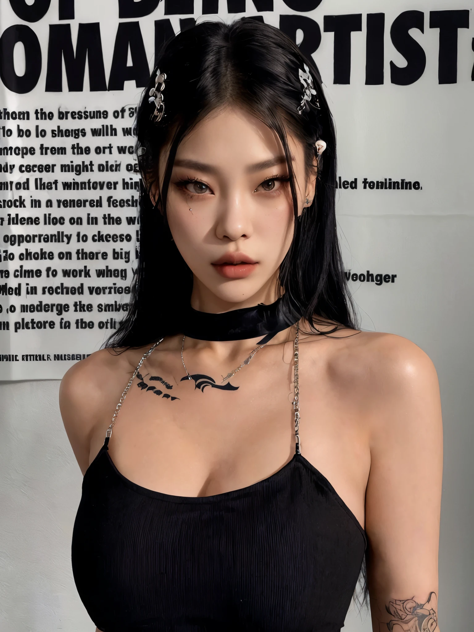 Jennie with a tattoo on her chest and a choker, cruel korean goth girl, wearing black choker, choker, wearing choker, choker on neck, wearing intricate black choker, choker around neck, jennie kim fashion model, black choker, goth girl aesthetic, black halter top, steel choker, gorgeous young korean woman, she is wearing a black tank top, blackpink jennie