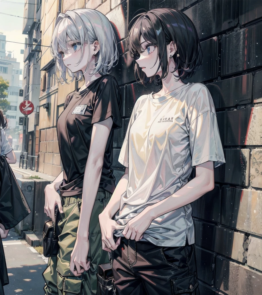 t-shirt, cargo pants, shorts, whole body, absurdres, RAW photo, extremely delicate and beautiful, masterpiece, Best Quality, ultra high resolution, 32k, hyperrealistic, ultra-detailed, detailed description, perfect anatomy, pale skin, 20 years old, detailed beautiful face and eyes, tearful mole, earring, short medium hair, wavy hair, yuri, ((2 girls)),