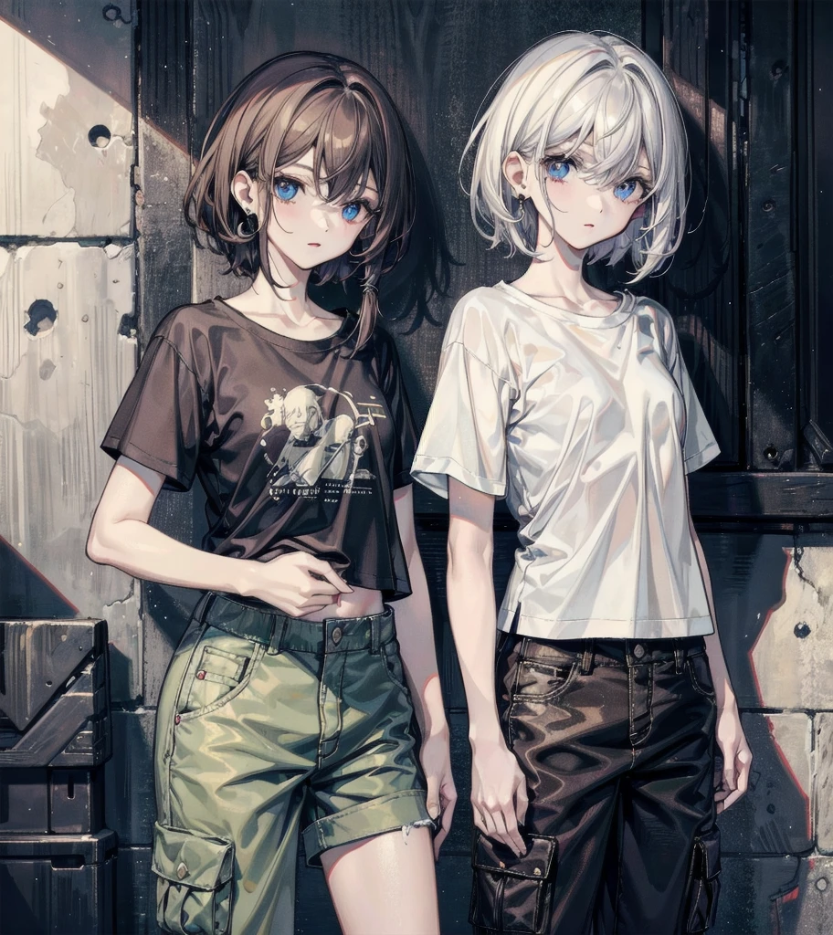 t-shirt, cargo pants, shorts, whole body, absurdres, RAW photo, extremely delicate and beautiful, masterpiece, Best Quality, ultra high resolution, 32k, hyperrealistic, ultra-detailed, detailed description, perfect anatomy, pale skin, 20 years old, detailed beautiful face and eyes, tearful mole, earring, short medium hair, wavy hair, yuri, ((2 girls)),