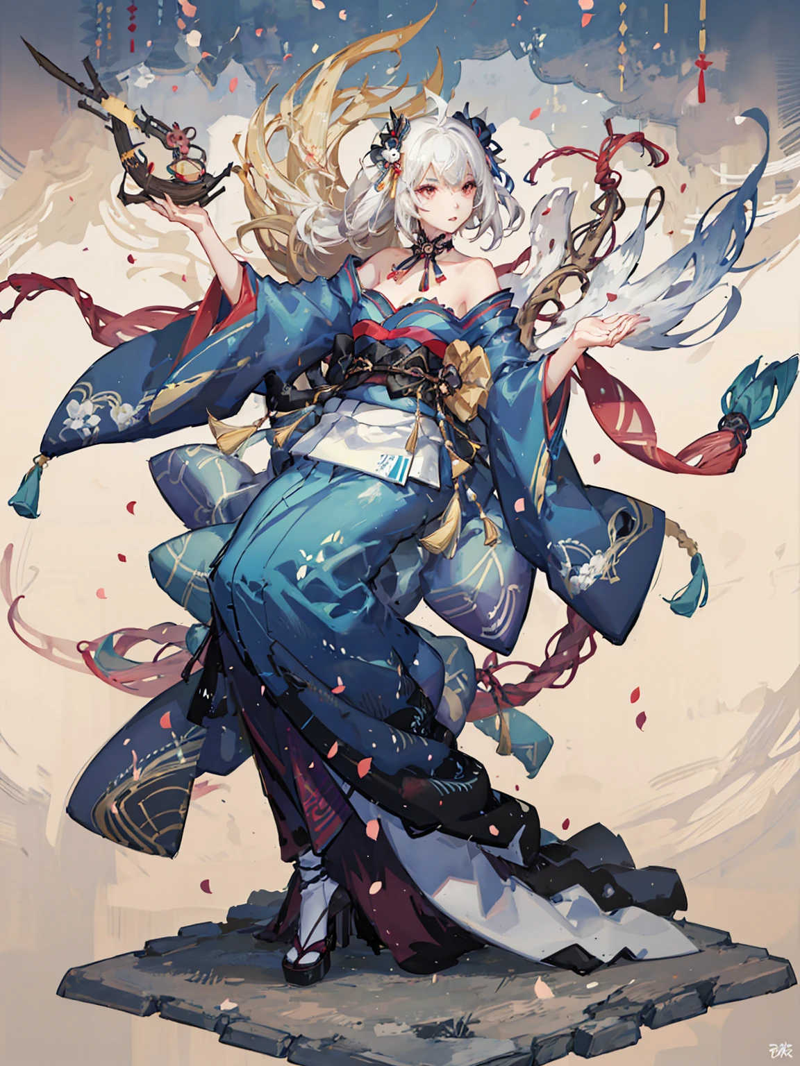(1girl), (fox lady), (white hair), japanese hair ornament, short kimono, (emphasize on white, red and gold), (white:1), (red:0.8), (gold:0.6), looking at viewer, sharp expression, japanese kimono ornament, (nine-tailed fox lady), (full pose), (full body), (extremely long hair), (fantasy lady, fantasy drawings)