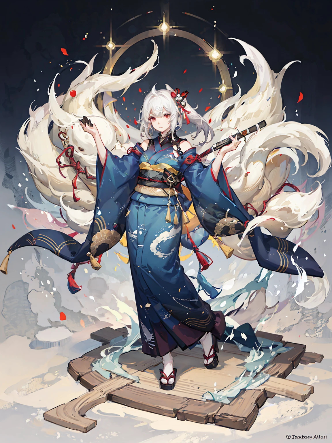 (1girl), (fox lady), (white hair), japanese hair ornament, short kimono, (emphasize on white, red and gold), (white:1), (red:0.8), (gold:0.6), looking at viewer, sharp expression, japanese kimono ornament, (nine-tailed fox lady), (full pose), (full body), (extremely long hair), (fantasy lady, fantasy drawings)