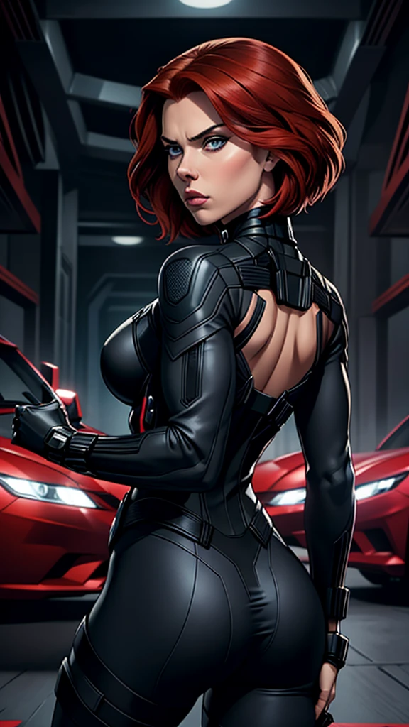 Scarlett Johansson, in her iconic role as Black Widow (Natasha Romanoff), is depicted wearing her sleek, black tactical suit, which accentuates her agility and strength. Her red hair is Short hairstyle classic bob haircut, adding a touch of elegance to her fierce persona. As she looks back over her shoulder, her intense, piercing eyes convey a mix of determination and alertness. The pose highlights her readiness for action, capturing the essence of her character's blend of grace and lethal skill. The scene often shows her in a dynamic environment, ready to face whatever comes next, embodying the essence of a seasoned Avenger, Back view(focus on her buttcheeks).