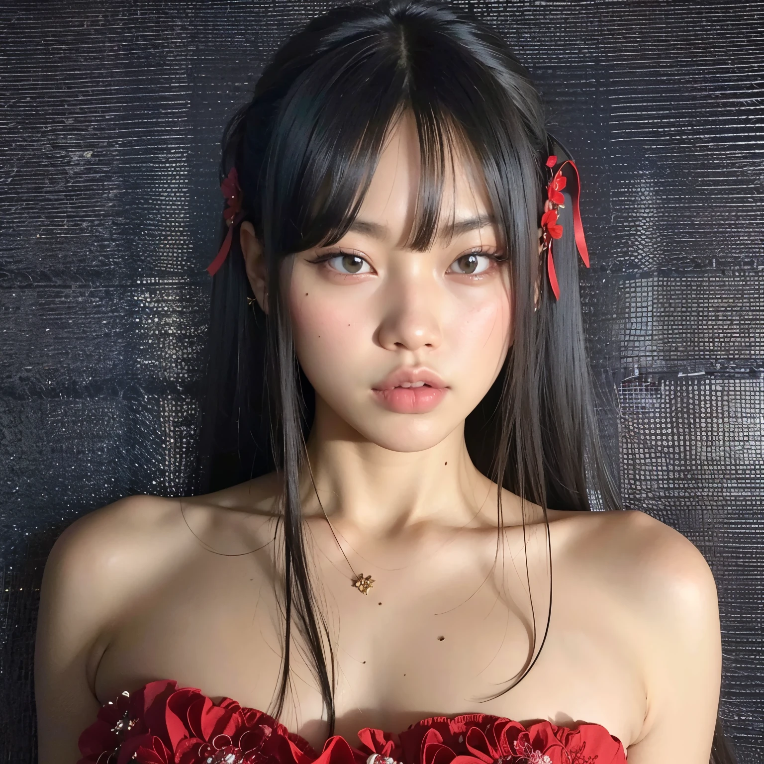 There is a woman in a red dress posing for a photo, com franja completa, Jennie Kim, O corte Hime, com franja, Ela tem cabelo preto com franja, preto hime corte cabelo, Shikami, Sha Xi, Jennie Kim do Blackpink, Sui Ishida com cabelo preto, Retrato de Jossi de Blackpink, japanese model