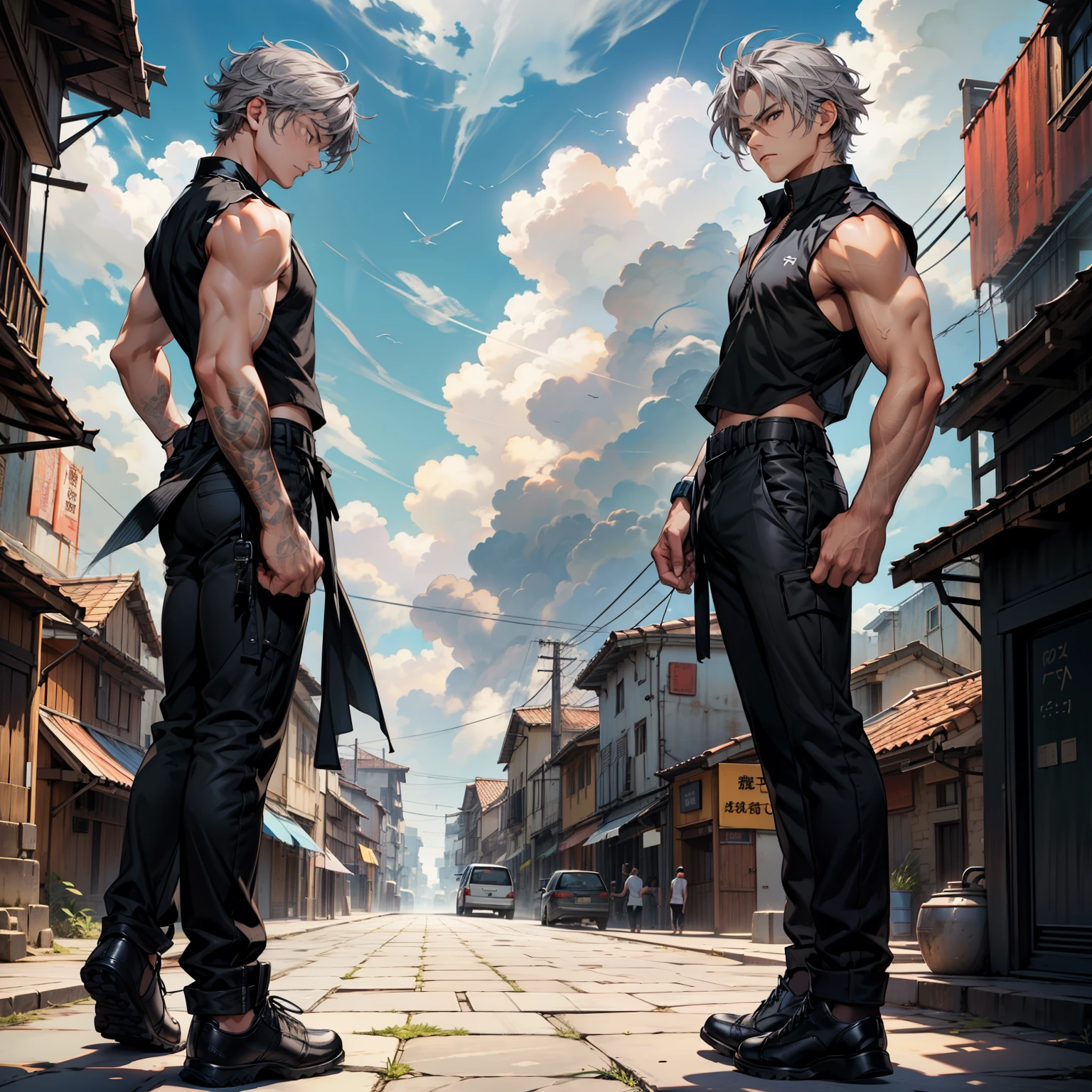 1boys, Full body, Serious face, brown eyes, ((gray hair)), medium length hair, wearing black sleeveless shirt, black trousers pants, black hair, levitate on sky, blue sky, cloud, side back view