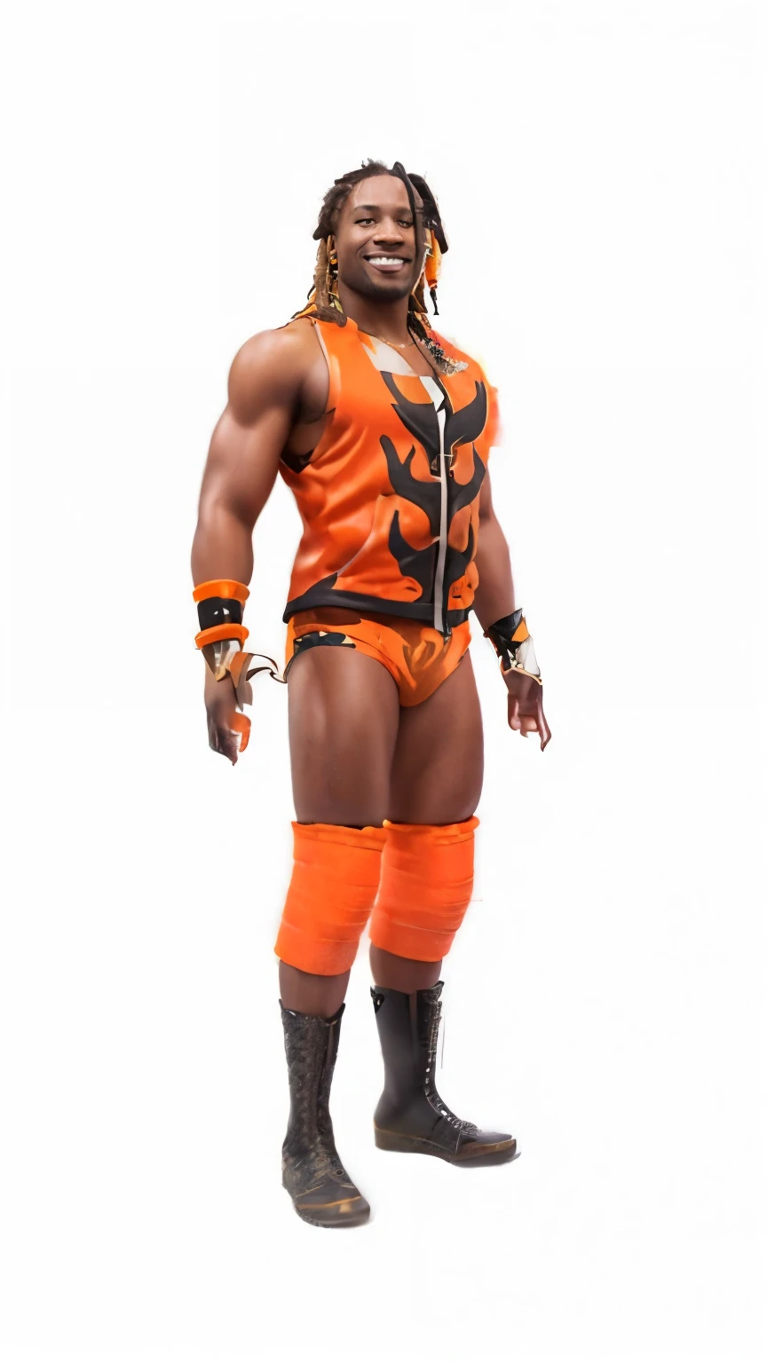 ((masterpiece, best quality)) Smiling Brunette African-American man, short dreadlocks with blonde tips, orange wristbands with black in the middle, wearing an orange sleeveless jacket with black forked designs in the front, orange trunks with black designs, orange kneepads, orange wrestling boots photo realistic, intricate details
