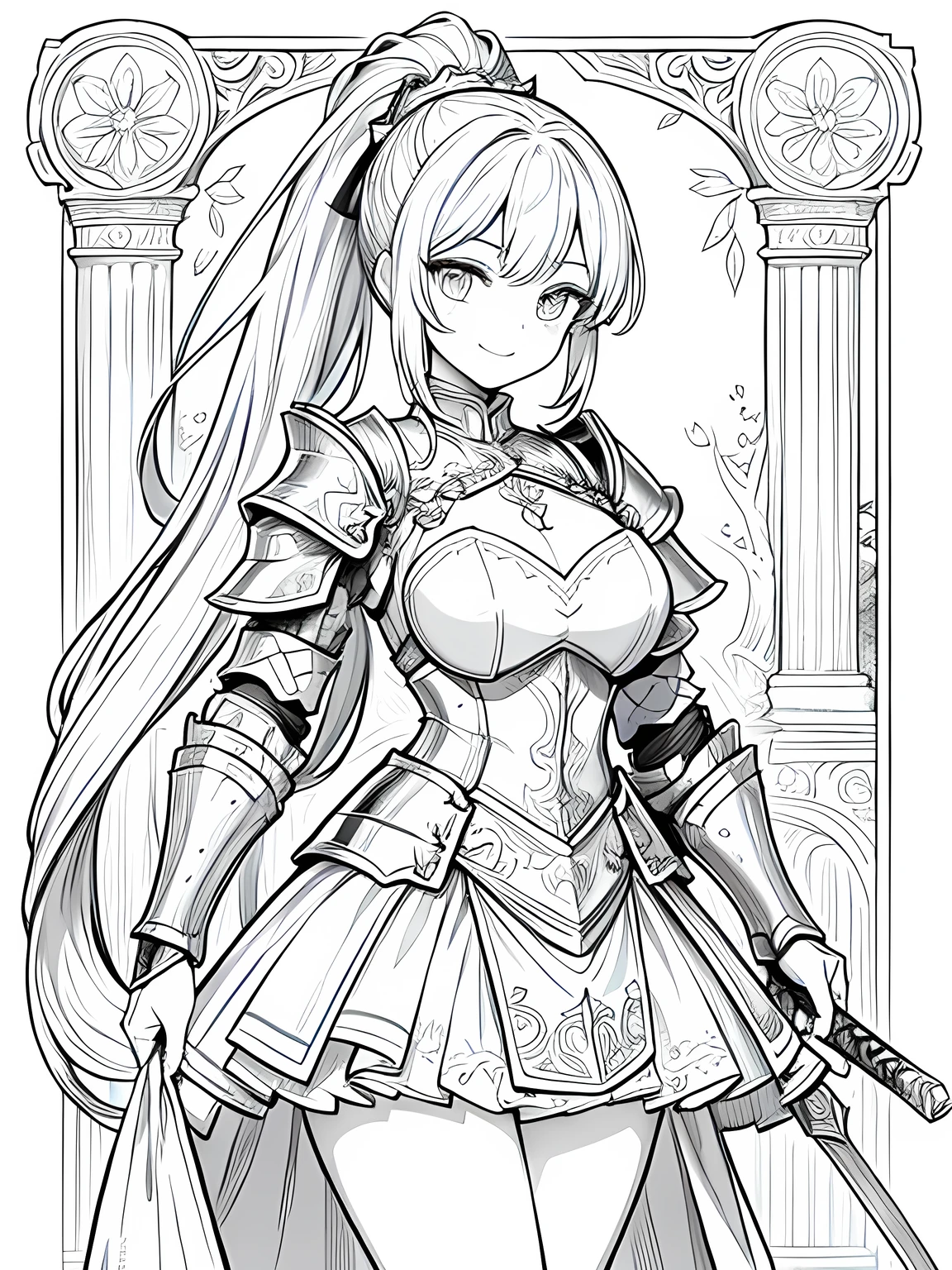 masterpiece,monochrome,Lineart,no shading,single color,Create a detailed coloring page of a beautiful fantasy girl with ponytail hairstyle. She is dressed in ornate knight armor and holding a large, elegant sword.She is wearing a sexy suit of armor.She is smiling,She is wearing a miniskirt,She is a warrior,She is wearing armor