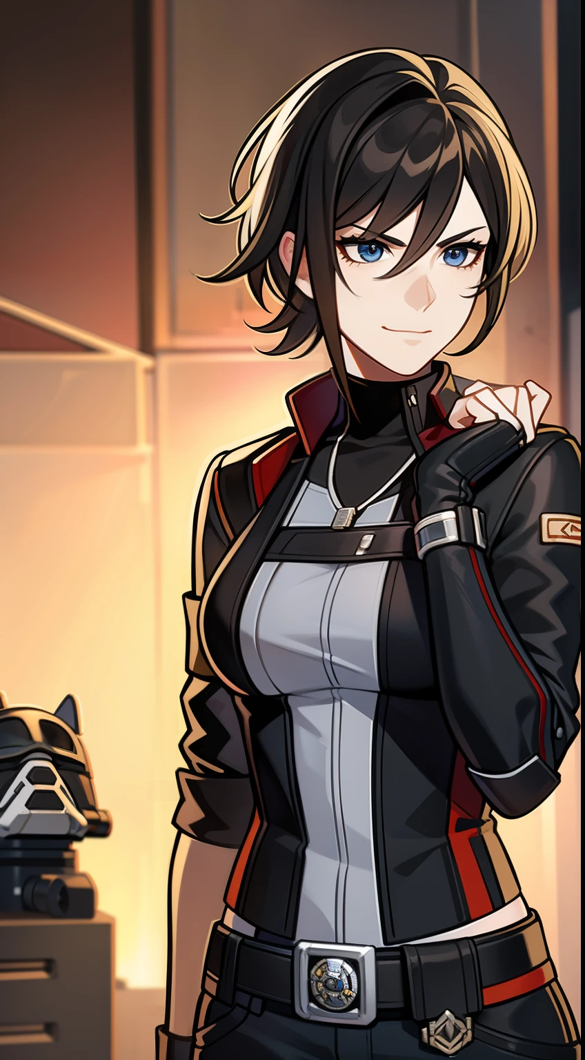 (high-quality, breathtaking),(expressive eyes, perfect face) Symmetrical Eyes, portrait, Star Wars Universe, 1girl, female, adult, mechanic, punk jacket, shirt, short sleeved, gloves, pants, belt, wrench, crystals, messy hair, black hair color, brown eye color, short hair length, stylized hairstyle, pixie haircut, tall, technician outfit, engineer, workshop background, work bench, tools, mature, narrow eyes, dog tag necklaces, slight smirk