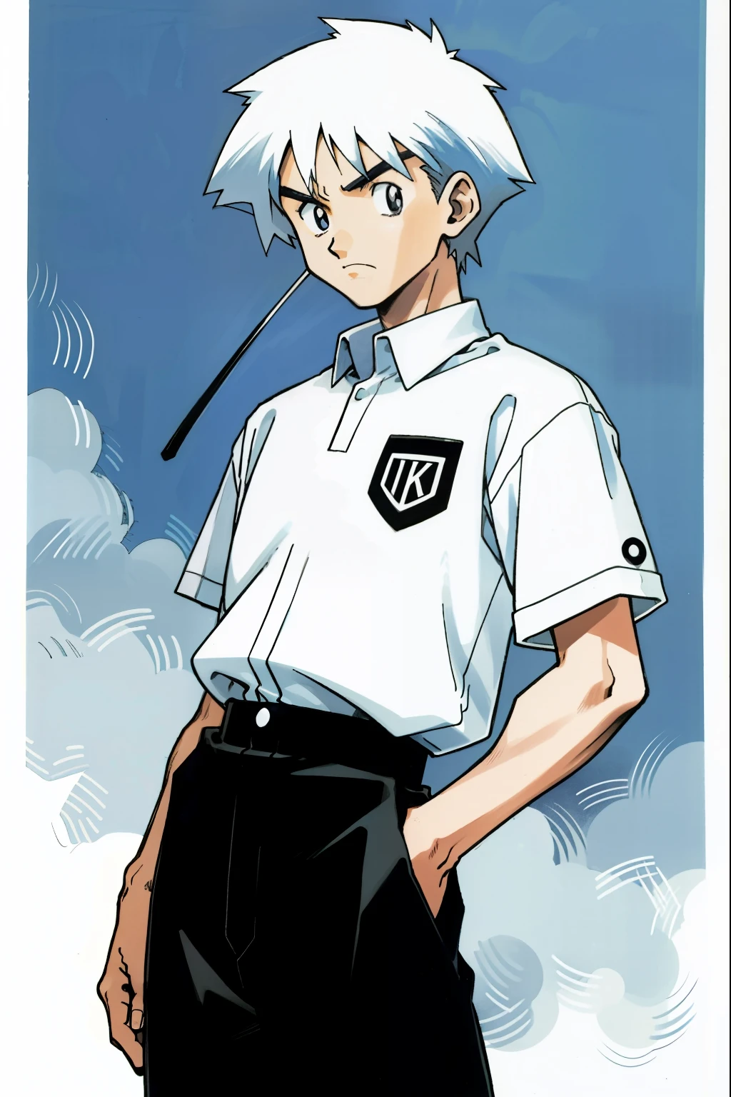 by Ken Sugimori, sugimori 1990s, ((only 1man)), black and white uniform, sports referee ((hands behind their back)), full black pupils, manga, best quality, highly detailed, clean lines, cowboy shot, good hands, good eyes, hd, 8k, professional, symmetrical, hires, 8k,