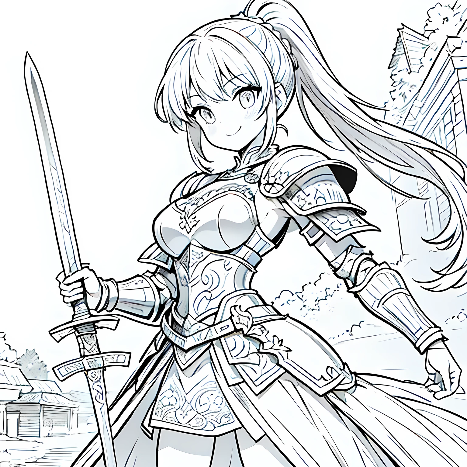 Line art background, background, Monochrome, Line art, ((sketch)),Highest quality,masterpiece,monochrome,Lineart,single color,Create a detailed coloring page of a beautiful fantasy girl with ponytail hairstyle. She is dressed in ornate knight armor and holding a large, elegant sword.She is wearing a sexy suit of armor.She is smiling,She is wearing a miniskirt,She is a warrior,She is wearing armor,single color,Using only white