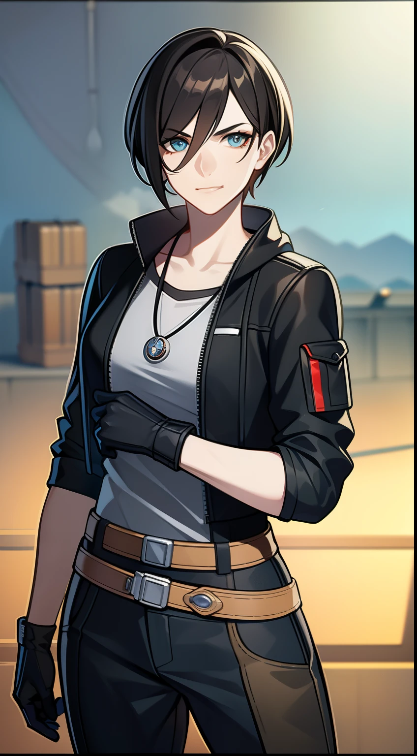 (high-quality, breathtaking),(expressive eyes, perfect face) Symmetrical Eyes, portrait, Star Wars Universe, 1girl, female, adult, mechanic, punk jacket, shirt, short sleeved, gloves, pants, belt, wrench, crystals, messy hair, black hair color, brown eye color, short hair length, stylized hairstyle, pixie haircut, tall, technician outfit, engineer, workshop background, work bench, tools, mature, narrow eyes, dog tag necklaces, slight smirk
