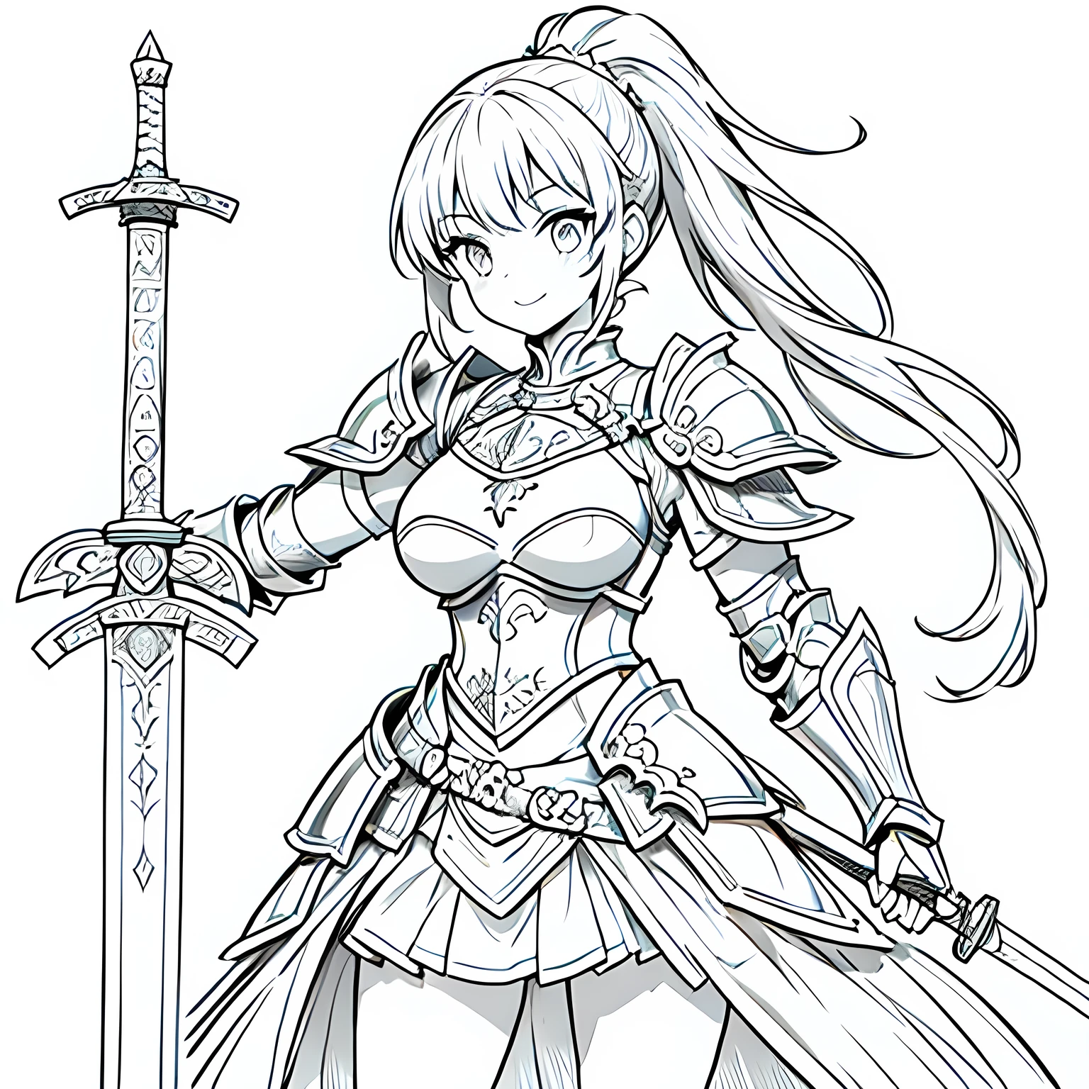 Line art background, background, Monochrome, Line art, ((sketch)),Highest quality,masterpiece,monochrome,Lineart,single color,Create a detailed coloring page of a beautiful fantasy girl with ponytail hairstyle. She is dressed in ornate knight armor and holding a large, elegant sword.She is wearing a sexy suit of armor.She is smiling,She is wearing a miniskirt,She is a warrior,She is wearing armor,single color,Using only white