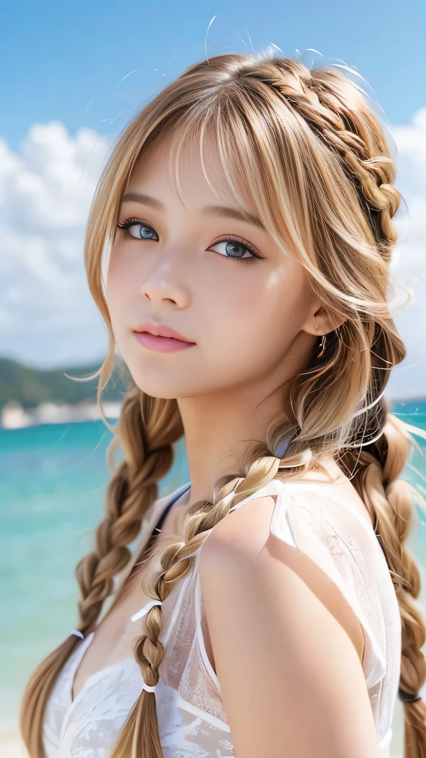 Sexy Big 、Sexy cute looks and cute beautiful girl, beautiful and sexy face、A strong wind blows my hair in front of my face、beautiful long blonde French braided hair、beautiful, Cute and sexy eyes hidden behind long bangs