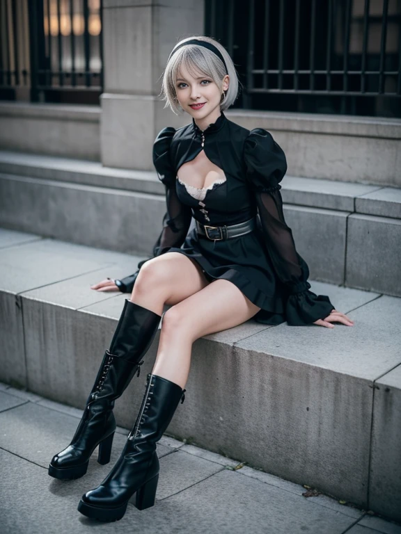 8K,Masterpiece,One woman,Dutch beauty,Ella Freya（Ella Freya),topless,White panties,Panty Shot,Smile,30 years old,Blue Eyes,White Hair,Short Bob Hair,(Gothic Lolita),Dutch beauty,Ella Freya（Ella Freya),(White panties),2b, short hair, Knee socks, gloves, Long sleeve, dress, Slender figure, Cleavage, Small breasts, Gray Hair, Black hair band, boots, Puffy sleeves, black Knee socks, Black footwear, Mole, black dress, High heels, Clothing cutouts, thight boots, Cleavage cutout, Black Hairband, Juliet Sleeve, high heel boots,