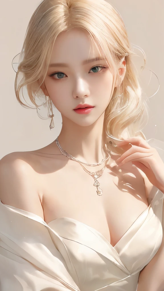 Wearing a white dress、Blonde woman wearing jewelry posing for photo, Artwork in the style of Guweiz, guweiz, Beautiful digital illustration, Elegant digital art, Beautiful digital illustrations, Stunning digital illustrations, guweiz on pixiv artstation, Digital Anime Illustration, Beauvot Art Style, guweiz on artstation pixiv