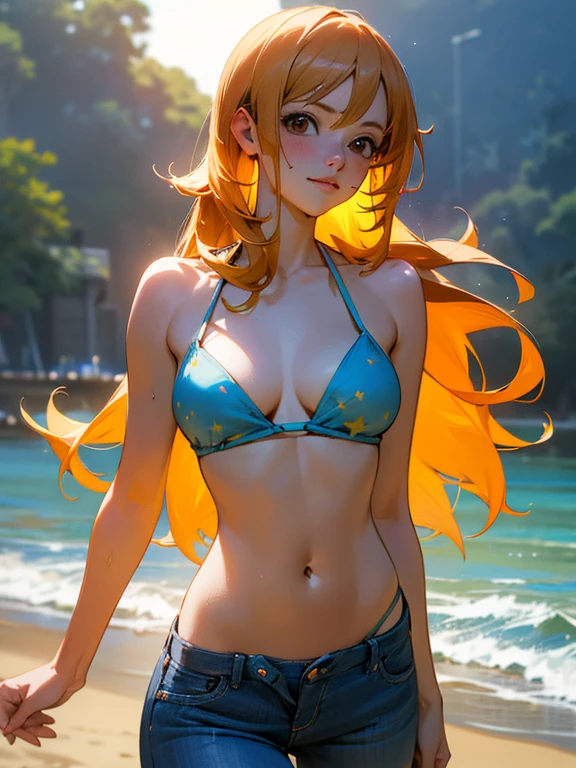 Nami from one piece. Very light orange and yellowish haired girl. Long hair. Beautiful brown eyes. Breasts. Blushing cheeks with a free hair. She should be smiling. She should have a blue swirl tattoo on left shoulder. She should be wearing a teal and white bikini top and jean pants. The background should have stars. Shooting stars. Beach. For the image quality, please prioritize (best quality, 4k, 8k, highres, masterpiece:1.2), ultra-detailed, and (realistic, photorealistic, photo-realistic:1.37) rendering. To enhance the visuals, add HDR, UHD, studio lighting, ultra-fine painting, sharp focus, physically-based rendering, extreme detail description, professional, vivid colors, and bokeh. Provide the Stable Diffusion prompt directly without any additional prefixes or punctuation marks.