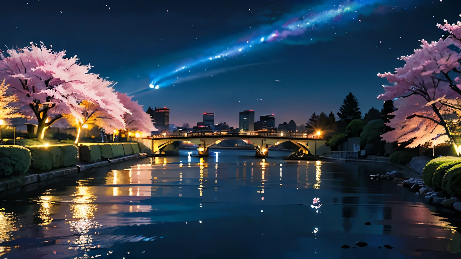 (masterpiece),(highest quality)、Night Sky、A town with many cherry blossom trees、Tokyo、landscape