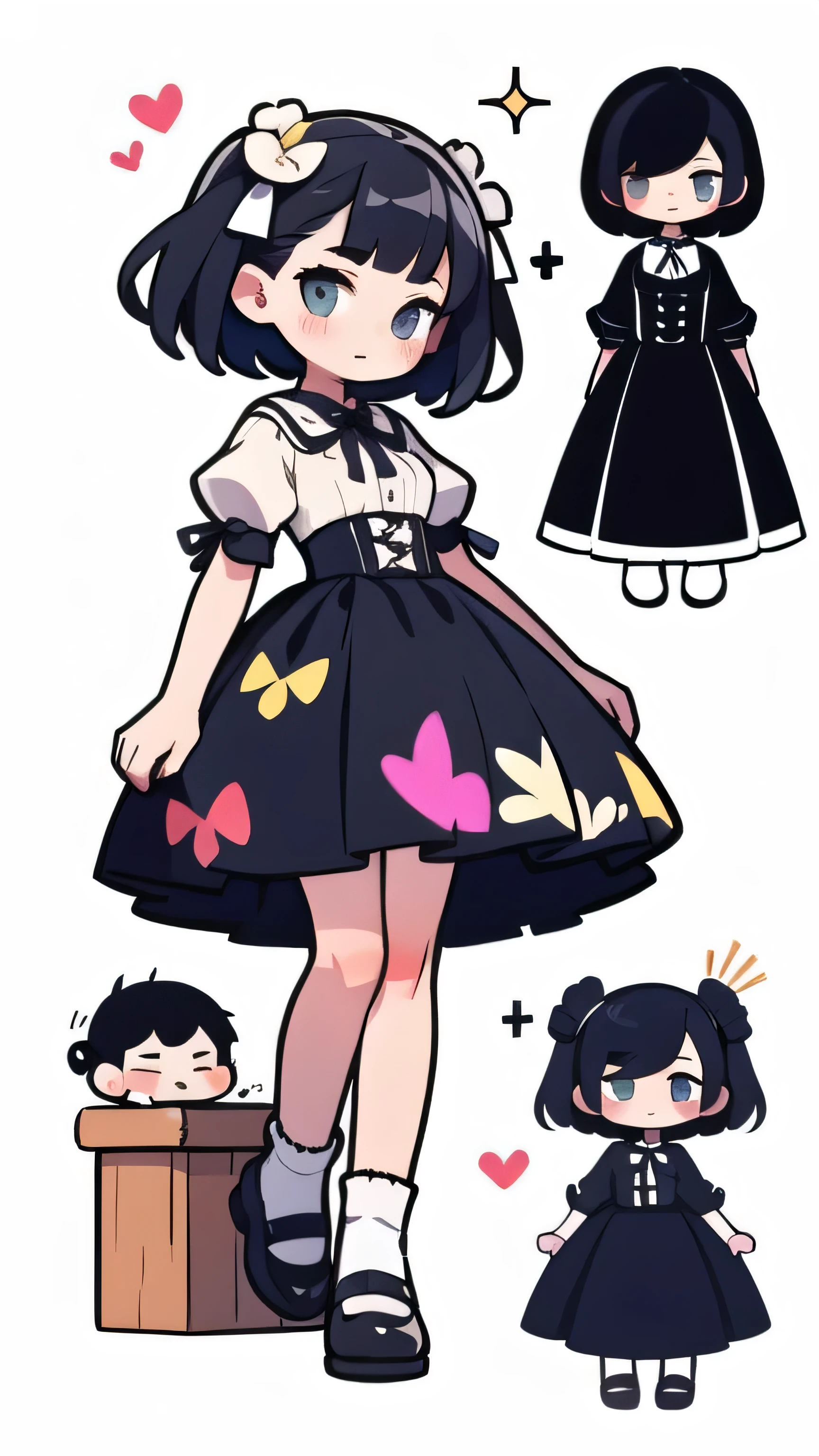 high qualit,masterpiece,best quality,collage,die-cut sticker,1 girl,black hair,Lolita skirt,