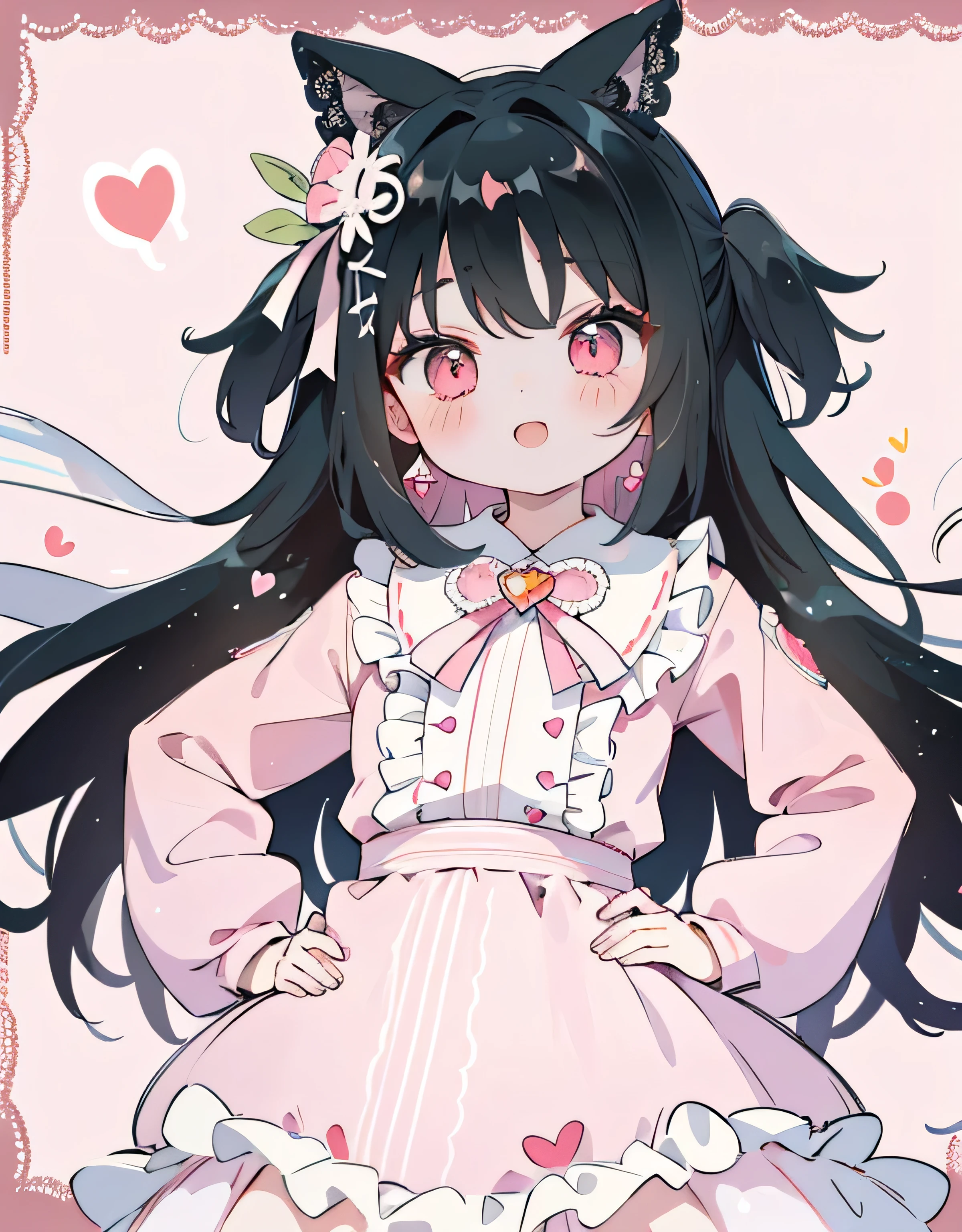 azhiichigo style,big eyes, thick lines, cute,,uekura.KoiKo,,upper body,.\(Style\):kawaii style,,..\(Composition\):\1girl,,..\(Appearance\): Consistency,naughty face,smile,wavy hair,dark hair,crimson eye,..\(Clothing\):,(Clothes with lots of frills, lace and ribbons:1.2),(pastel color style:1.1),hand on hip,cheeky face,white and pink clothes,white and pink shoes,,..\(Behavior\):,..\(Location\): (surround,heart-shaped gem, starry heart),,..\(Quality\): best quality,masterpiece,,.,